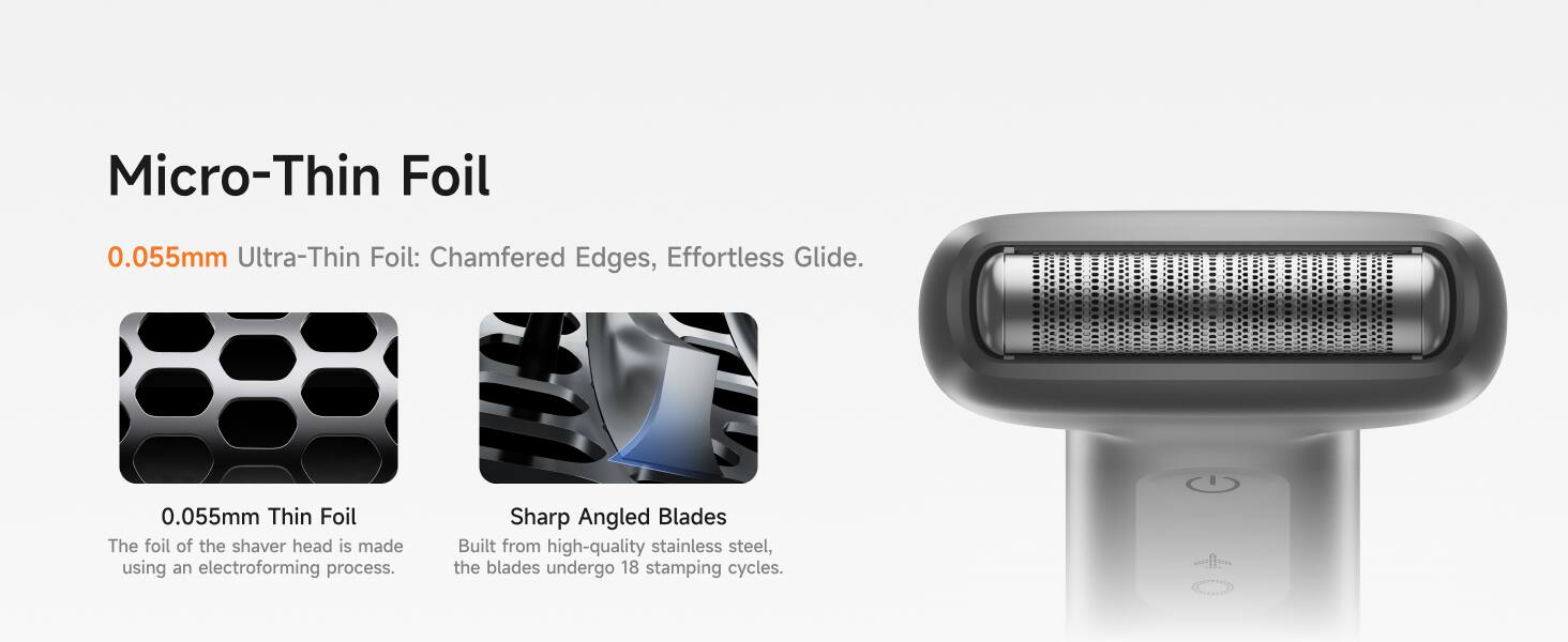 Micro-Thin Foil

0.055mm Ultra-Thin Foil: Chamfered Edges, Effortless Glide.

0.055mm Thin Foil  
The foil of the shaver head is made using an electroforming process.

Sharp Angled Blades  
Built from high-quality stainless steel, the blades undergo 18 stamping cycles.