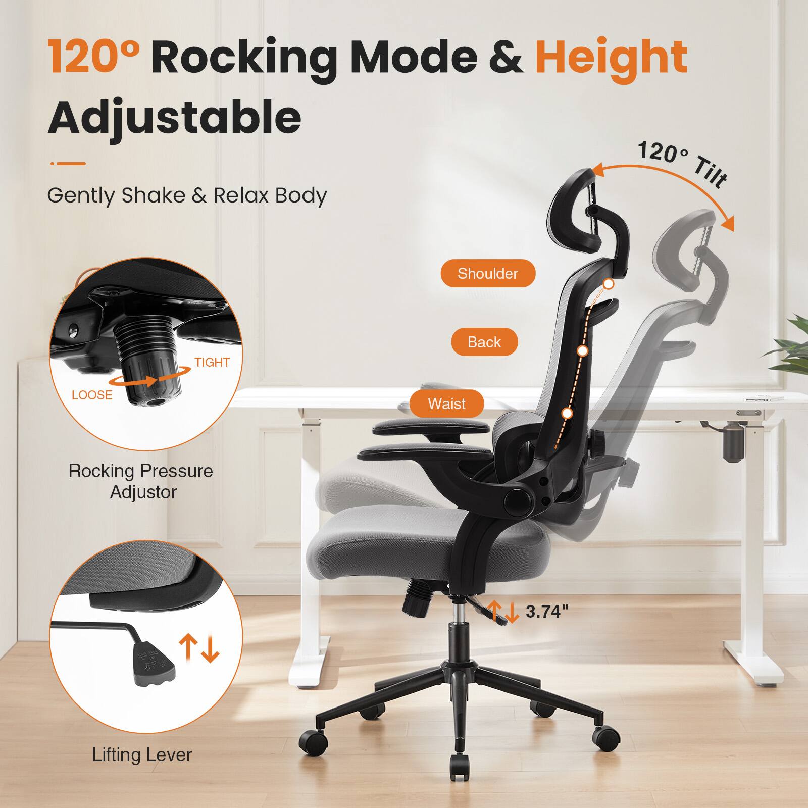 120° Rocking Mode & Height Adjustable

Gently Shake & Relax Body

Shoulder
Back
Waist

Rocking Pressure Adjustor

Lifting Lever

3.74"