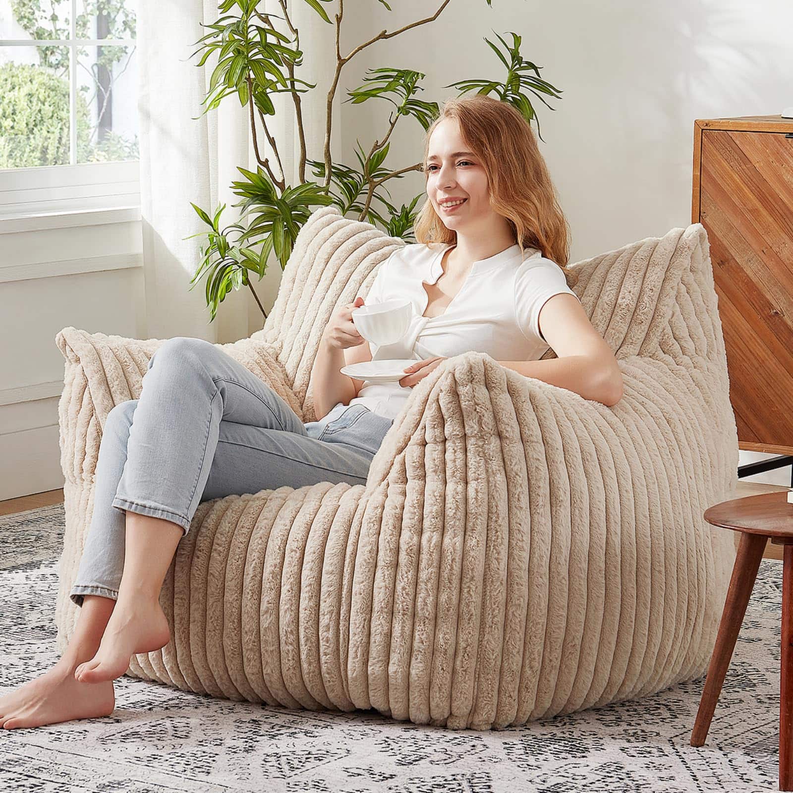 PO3TICJUNKI3 - Giant Bean Bag Chairs For Adults With Filling Plush Fluffy Teens Armrests Comfy Beanbag Lazy Couch Sofa Cha - Beige