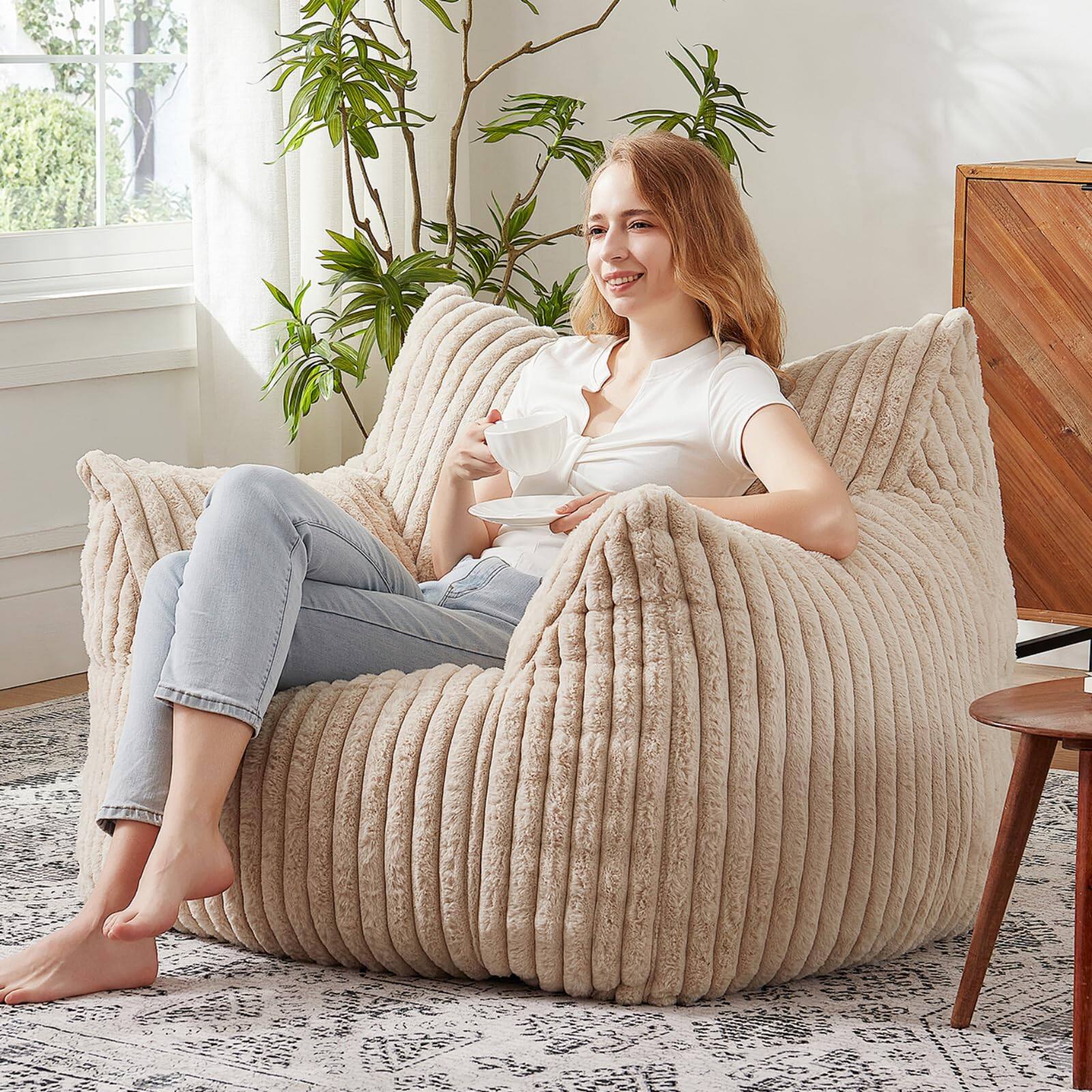 PO3TICJUNKI3 - Giant Bean Bag Chairs For Adults With Filling Plush Fluffy Teens Armrests Comfy Beanbag Lazy Couch Sofa Cha - Beige