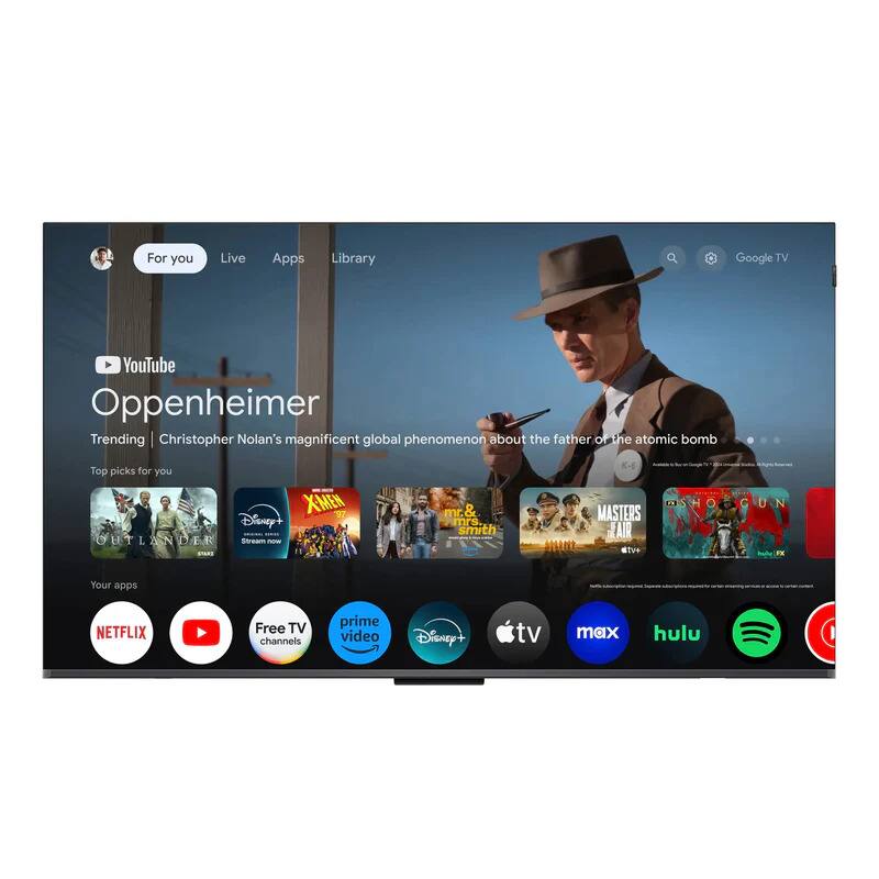 For you, Live, Apps, Library, Google TV, YouTube, Oppenheimer, Trending | Christopher Nolan's magnificent global phenomenon about the father of the atomic bomb, Top picks for you, X-Men 97, Disney+, Outlander, Stream - Stars, Mr. & Mrs. Smith, Masters of the Lair, Your apps, Netflix, Free TV channels, Prime Video, Disney+, TV Max, Hulu.