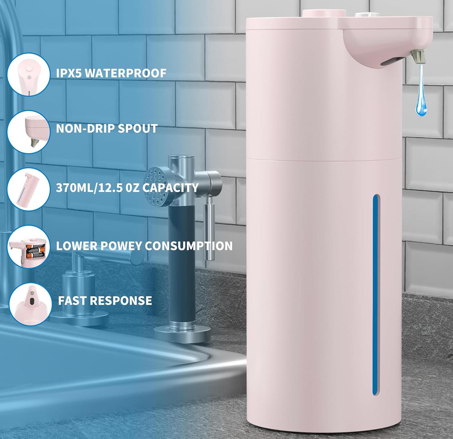 IPX5 WATERPROOF  
NON-DRIP SPOUT  
370ML/12.5 OZ CAPACITY  
LOWER POWER CONSUMPTION  
FAST RESPONSE