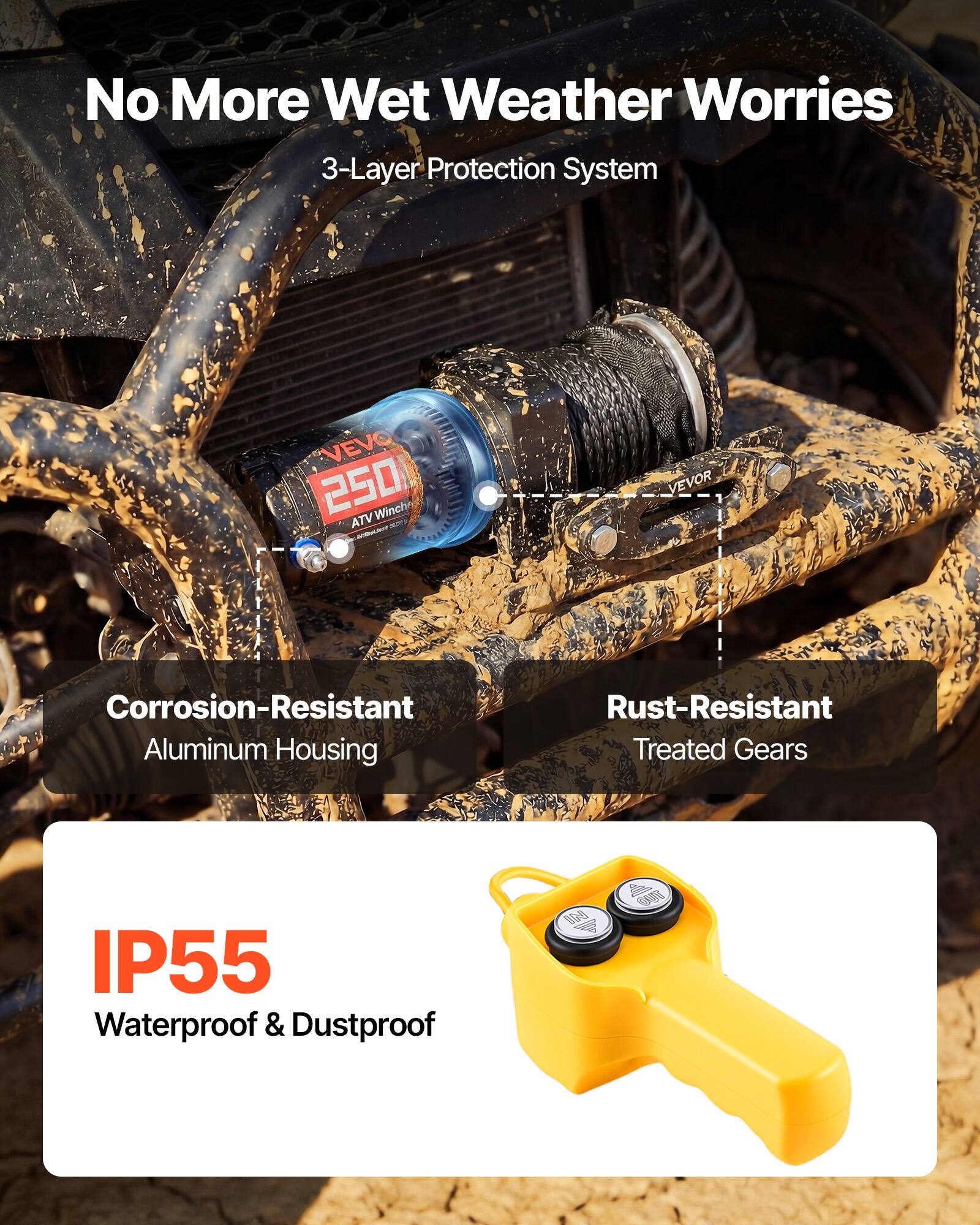 No More Wet Weather Worries  
3-Layer Protection System  
VEVO 250 Winch ATV  
Corrosion-Resistant Aluminum Housing  
Rust-Resistant Treated Gears  
IP55 Waterproof & Dustproof