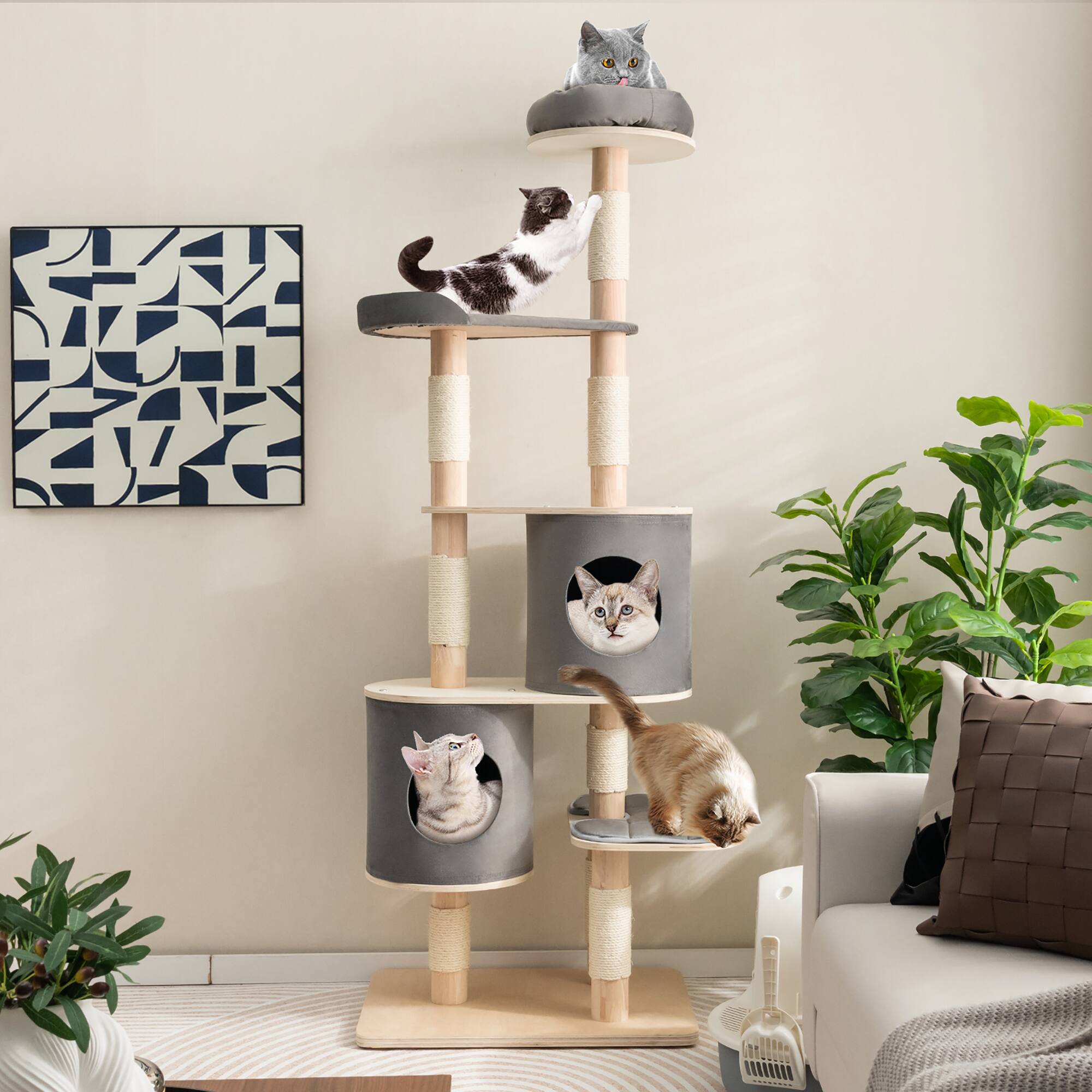 Alt View 1. Costway - Costway 75" Multi-layer Wooden Cat Tree Indoor Tower Activity Play Center with 2 Condos.