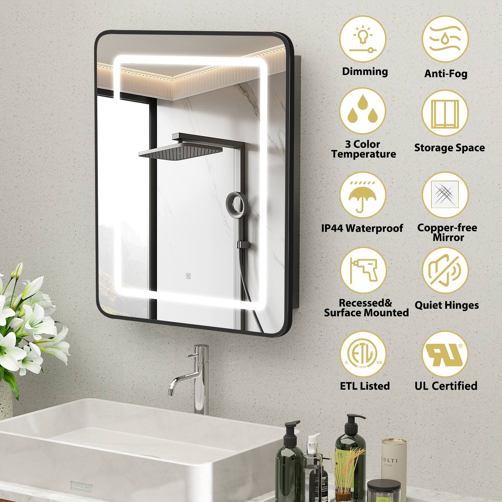 Left. LOVMOR - LOVMOR 16x24 in.  Surface Mount Brushed Gold Steel Tempered Glass Medicine Cabinet with Soft Close Mirror - Gloden.