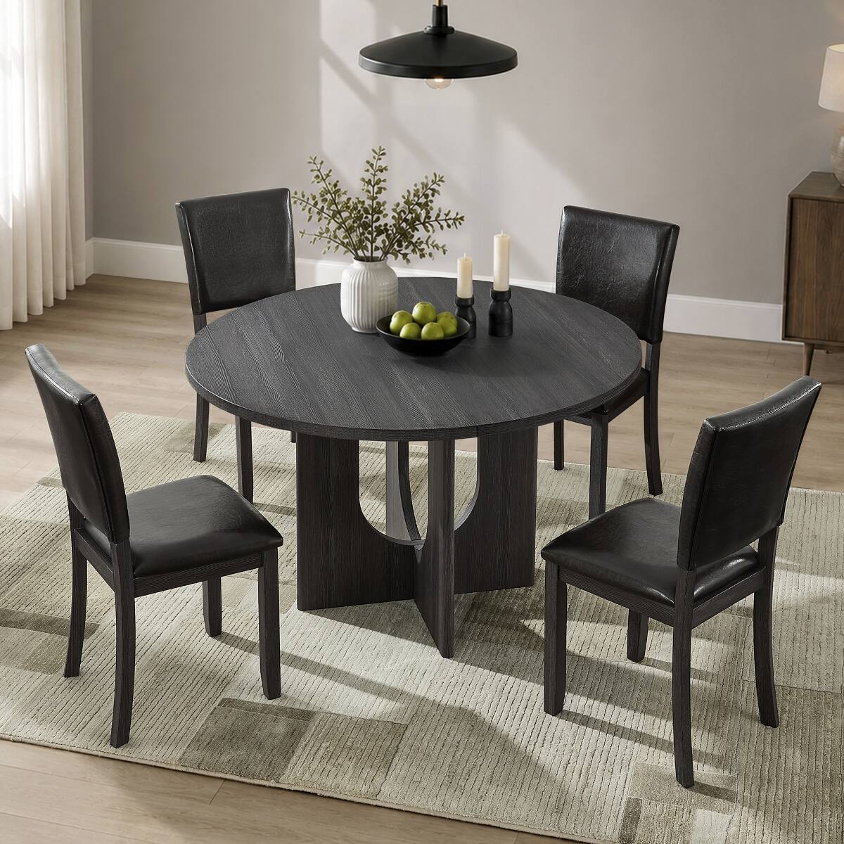 Angle. Loheer - Loheer 5-Piece Round Dining Table Set for 4, 47.3-Inch Modern Kitchen Set with PU Leather Chairs - Antique black table with dark brown PU chairs.
