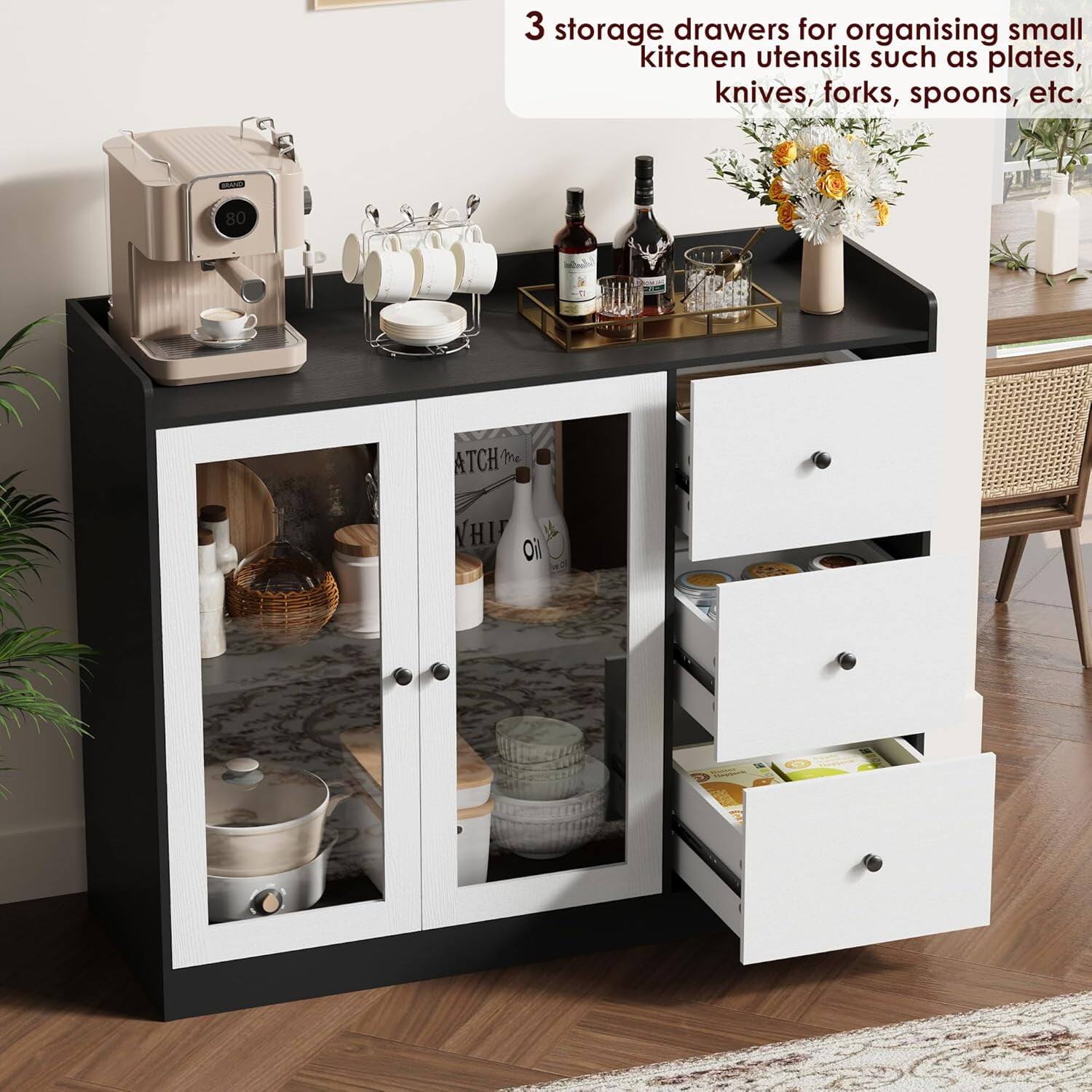 3 storage drawers for organising small kitchen utensils such as plates, knives, forks, spoons, etc.