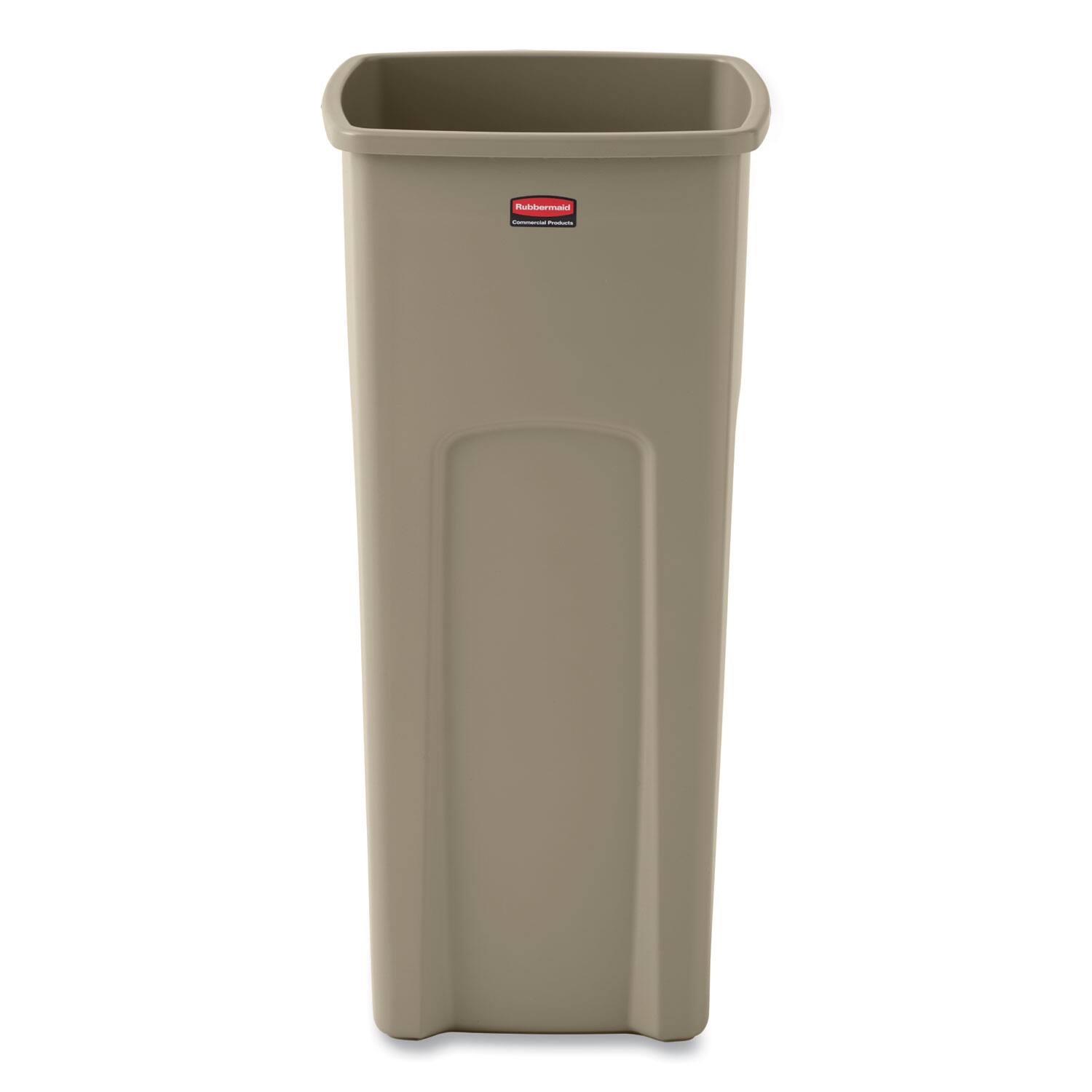 Left. RubberMaid - Untouchable Square Waste Receptacle, 23 gal, Plastic, Beige.