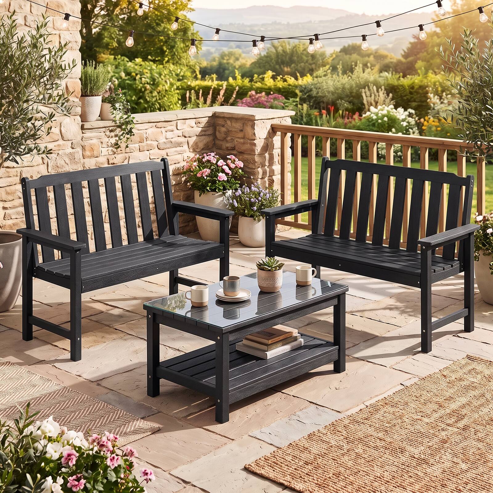 Alt View 4. Gymax - Gymax 2-Person All Weather HDPE Outdoor Garden Bench w/Backrest & Armrests for Lawn Black - Black.