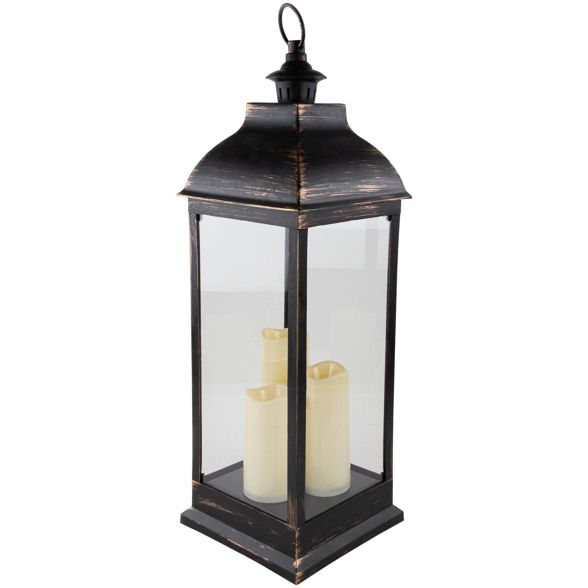 Front. Northlight - 28" Gold Brushed Black Lantern With Flameless LED Candles - Black.