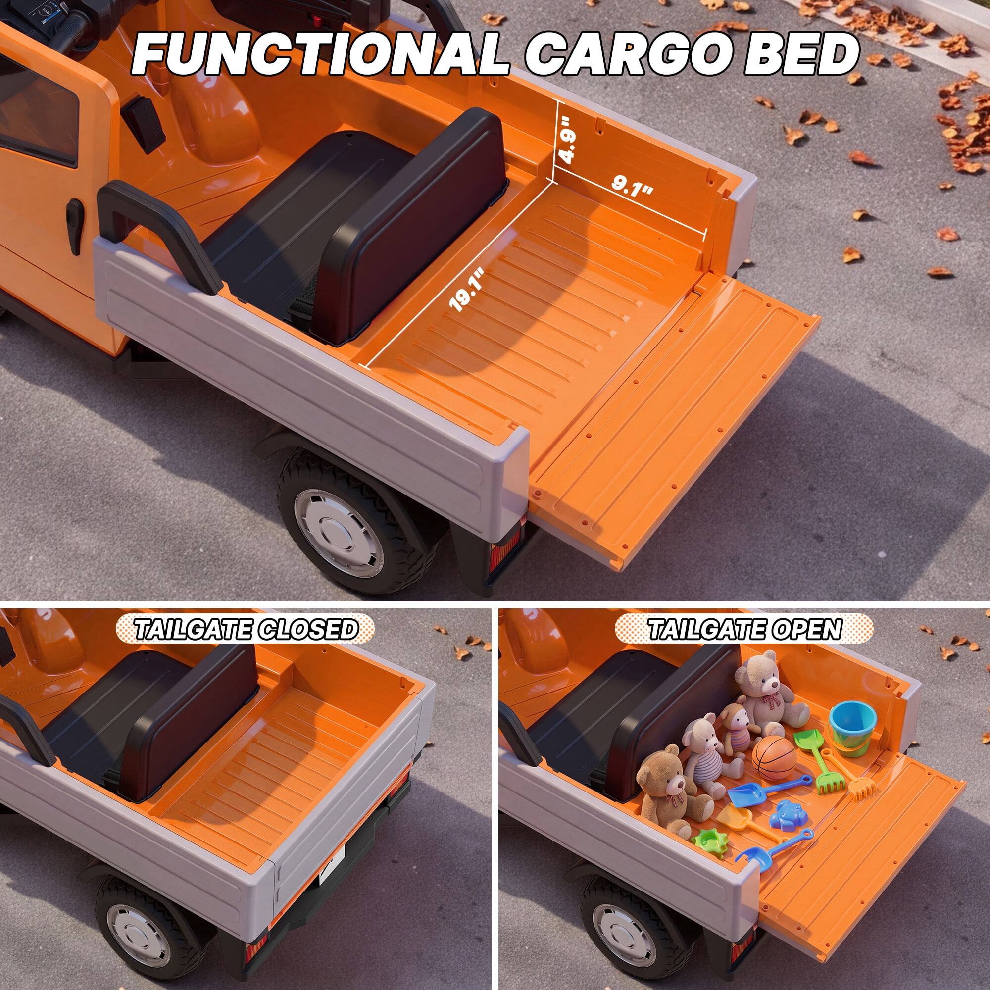 FUNCTIONAL CARGO BED  
4.9" 9.1" 19.1" 19.1"  

TAILGATE CLOSED  
TAILGATE OPEN