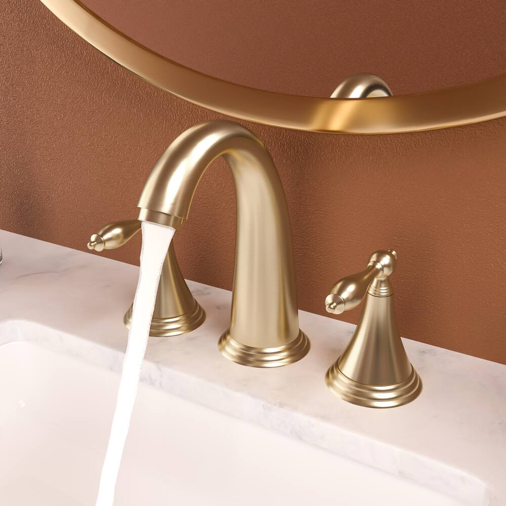 Left. JUJABU - 2 Handle Widespread Bathroom Faucet 3 Hole with Pop Up Drain and 2 Water Supply Lines, Gold - Gold.