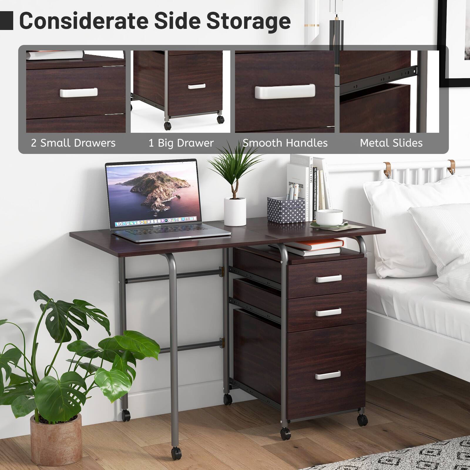 Considerate Side Storage, 2 Small Drawers, 1 Big Drawer, Smooth Handles, Metal Slides, 100S