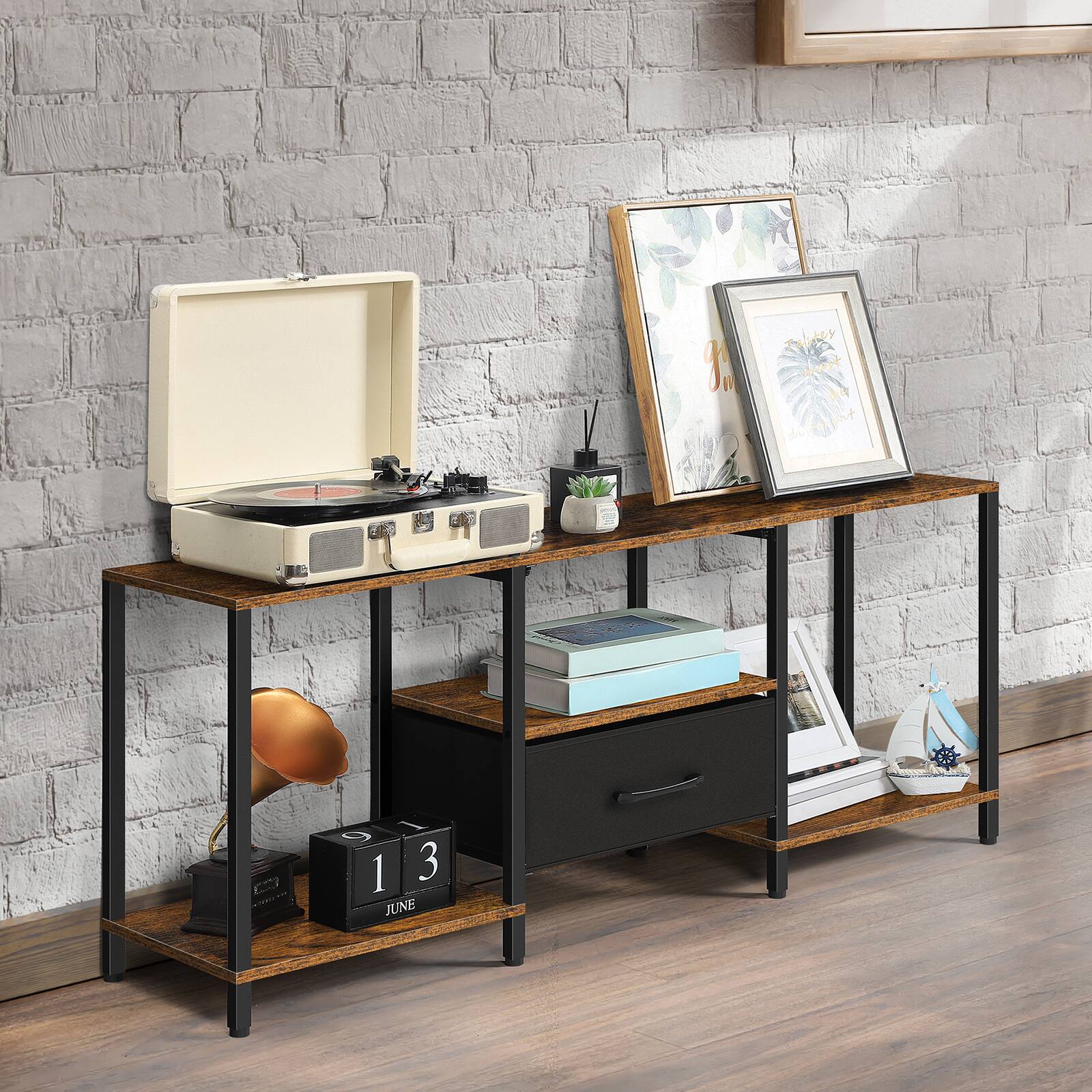 Alt View 2. Oumilen - 46.2" TV Stand with LED Lights, Industrial Entertainment Center with Fabric Drawer & Open Shelves - Rustic Brown.