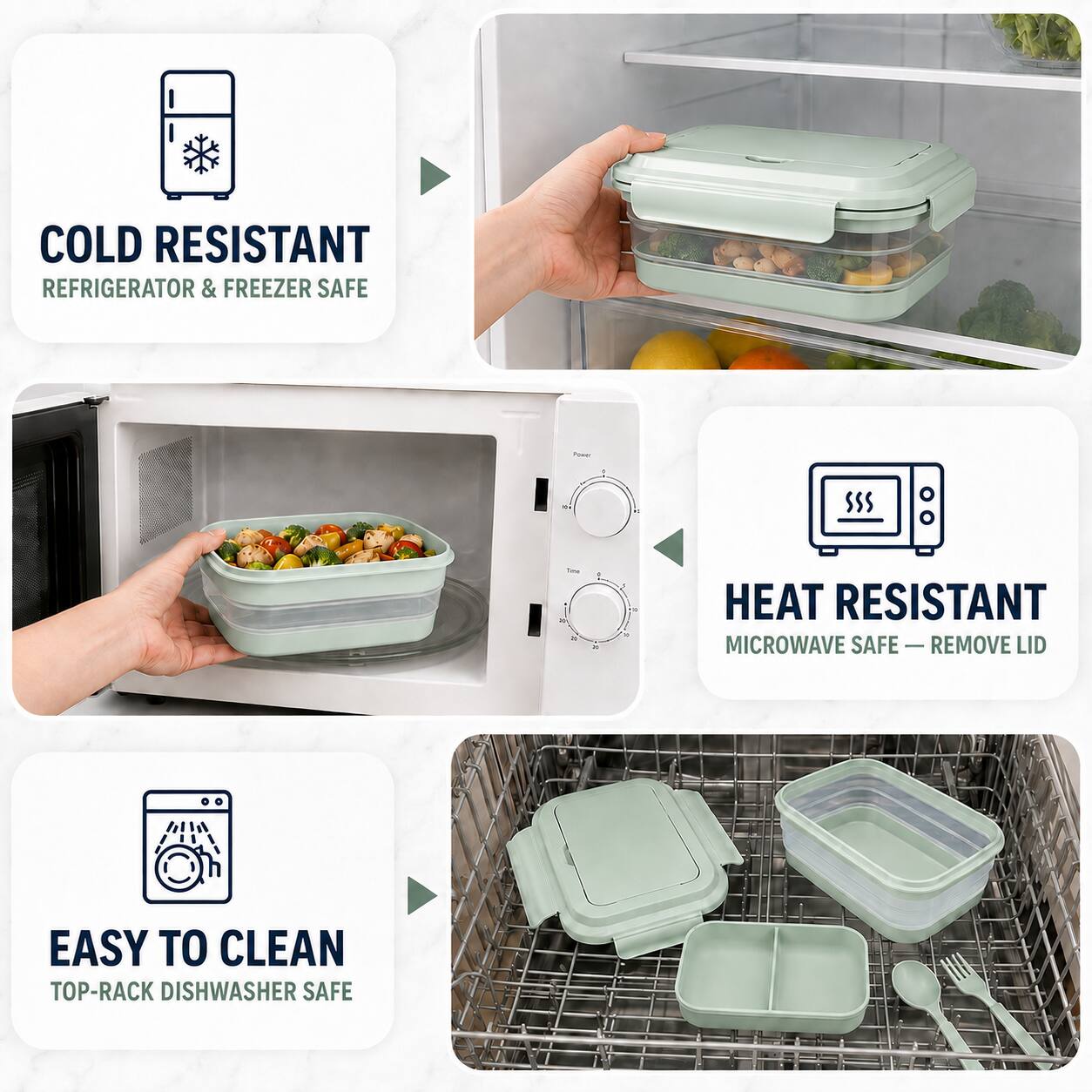 COLD RESISTANT  
REFRIGERATOR & FREEZER SAFE

HEAT RESISTANT  
MICROWAVE SAFE — REMOVE LID

EASY TO CLEAN  
TOP-RACK DISHWASHER SAFE