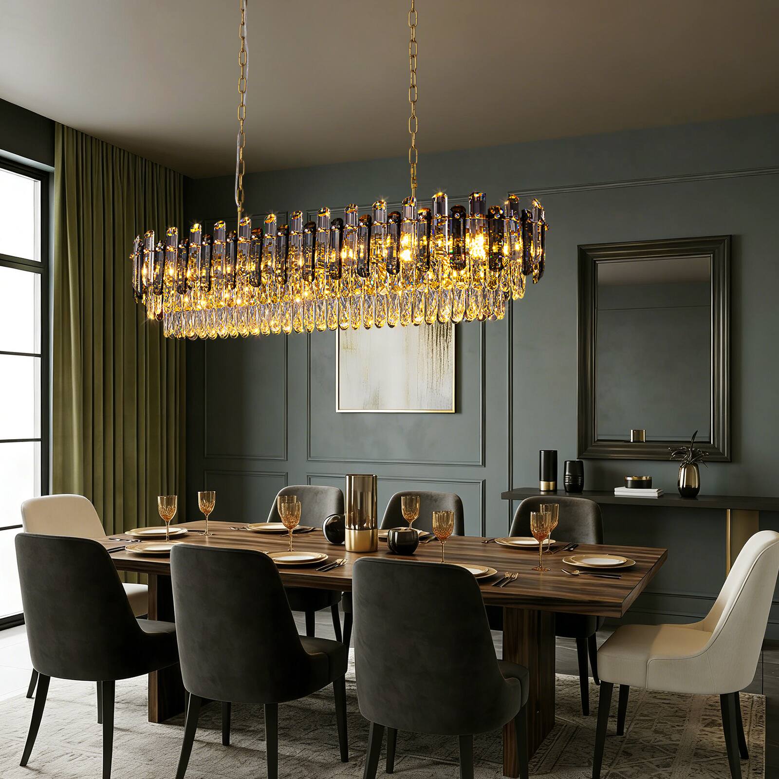 Back. Siljoy - 47.2-inch Luxury K9 Gold Crystal Chandelier Dimmable Height-Adjustable E12 for Dining Room Kitchen Island Living Room - Gold.