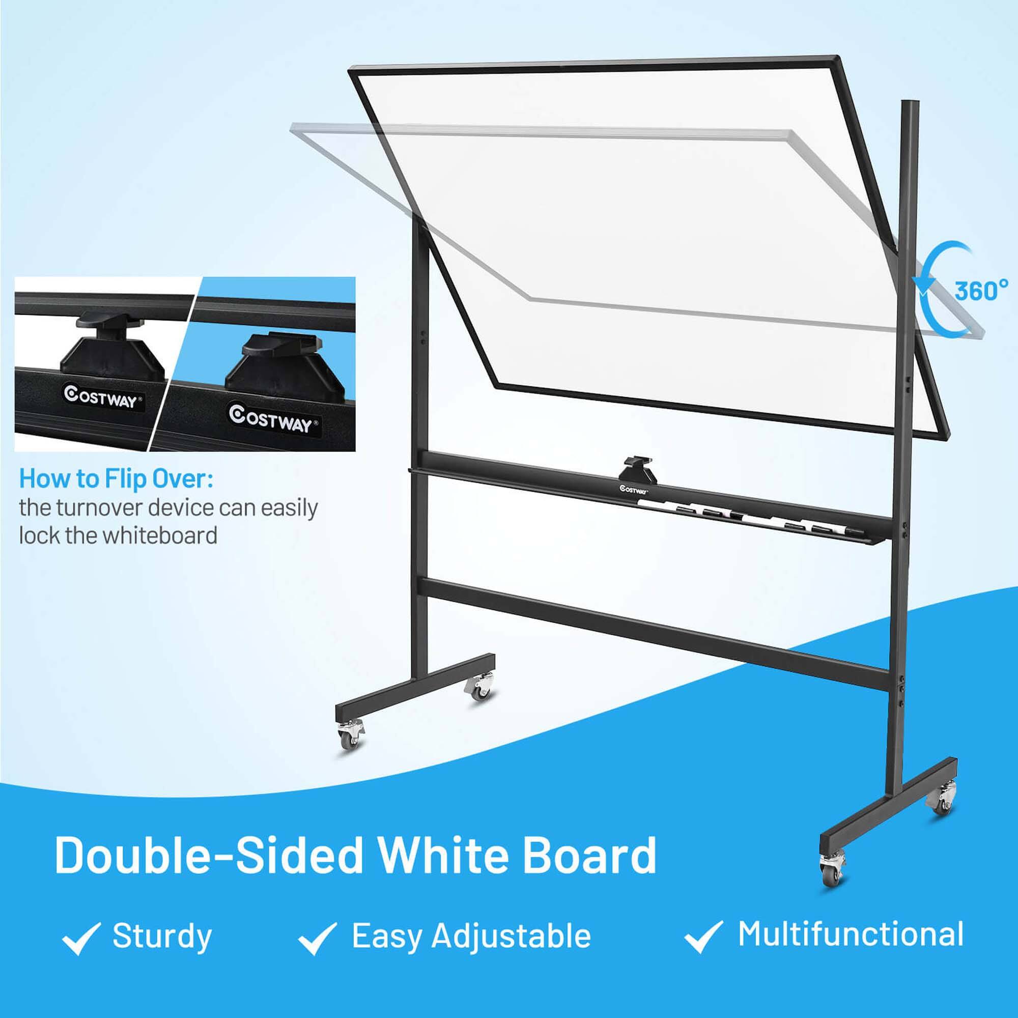 The text on the image is grouped as follows:
1. "360 OSTWAY COSTWAY" - This is a brand name.
2. "How to Flip Over: the turnover device can easily lock the whiteboard" - This is a description of the product's main feature.
3. "Double-Sided White Board" - This is a description of the product's functionality.
4. "Sturdy" - This is an adjective describing the product's quality.
5. "Easy Adjustable" - This is an adjective describing the product's ease of use.
6. "Multifunctional" - This is an adjective describing the product's versatility.
The corrected text would be:
"360 OSTWAY COSTWAY Double-Sided White Board - How to Flip Over: the turnover device can easily lock the whiteboard. Sturdy, Easy Adjustable, Multifunctional."