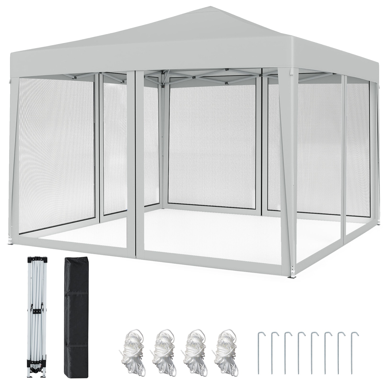 Gymax - 10 FT x 10 FT Pop-Up Canopy Tent w/ Mesh Netting Carry Bag 8 Stakes & 4 Ropes - Beige