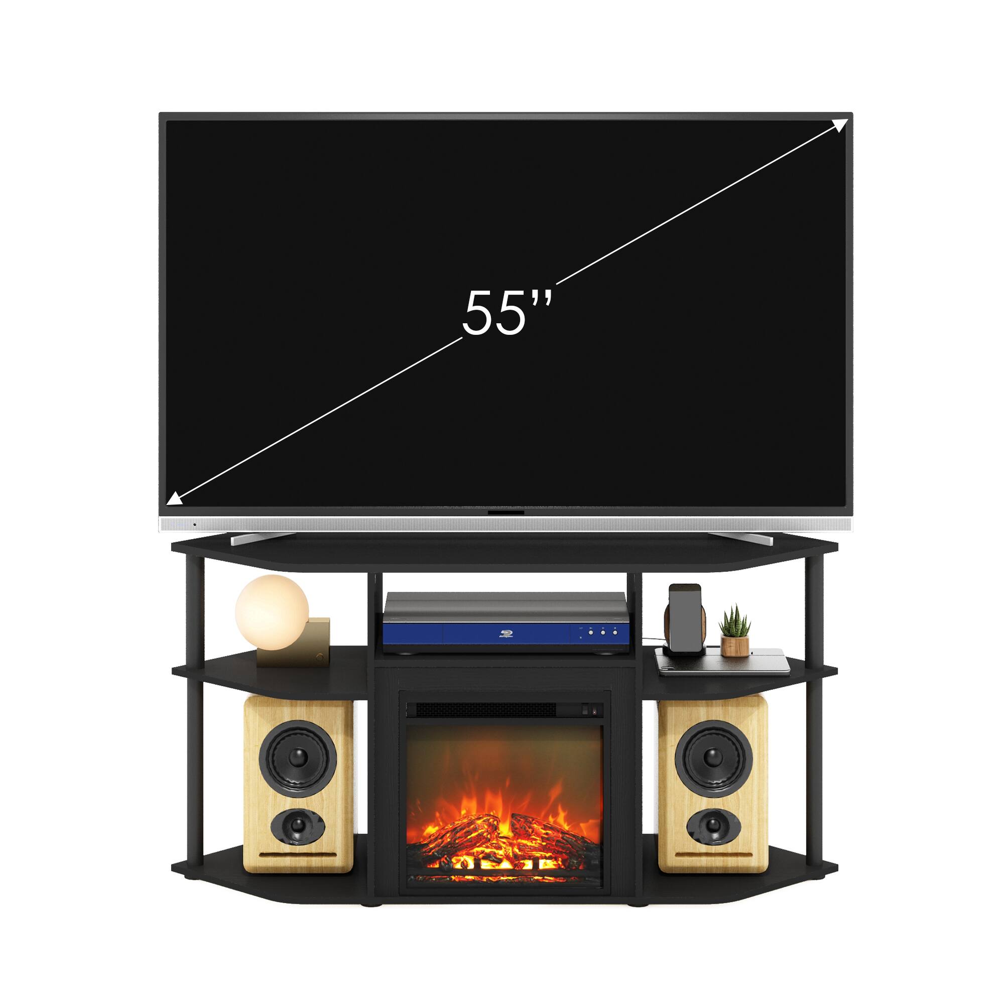 Alt View 4. Furinno - Jensen Open Storage Corner Fireplace TV Entertainment Center with Plastic Poles for TV up to 55 Inch - Americano/Black.