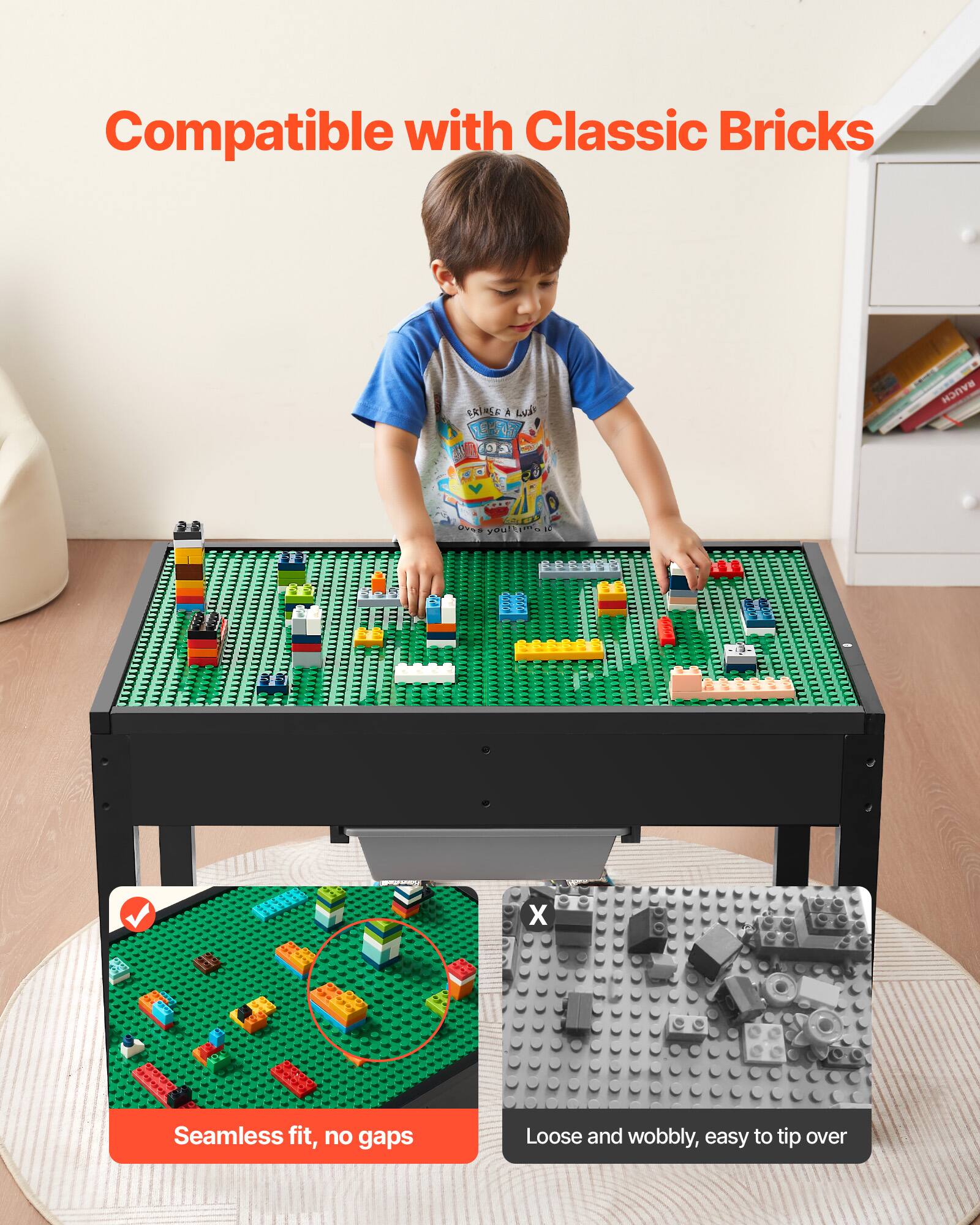 Compatible with Classic Bricks

Seamless fit, no gaps

Loose and wobbly, easy to tip over