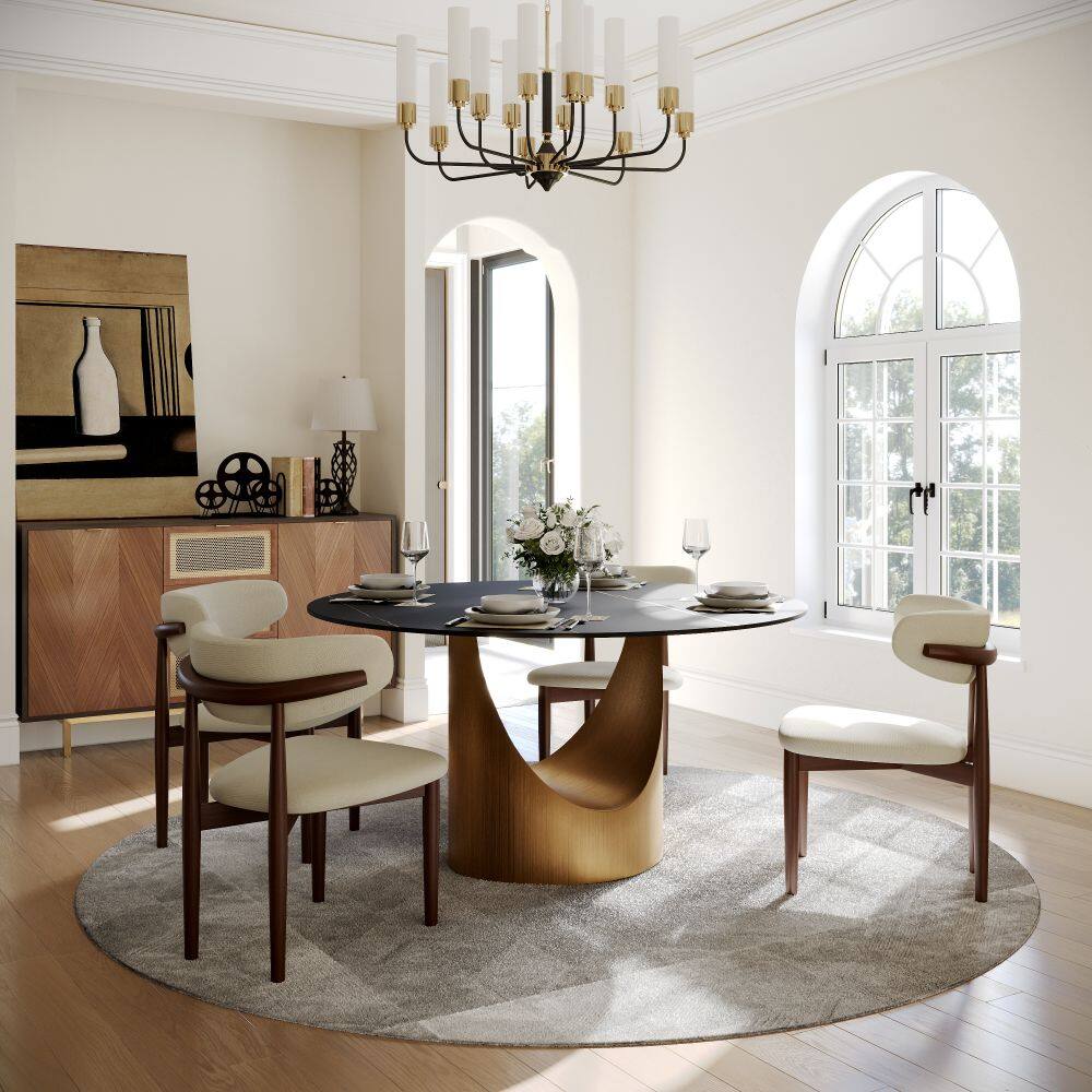 Left. POVISON - 51" Round Black Matte Sintered Stone Dining Table with Bronze U-shaped Steel Base - Black Matte Sintered Stone with Bronze Steel Base.