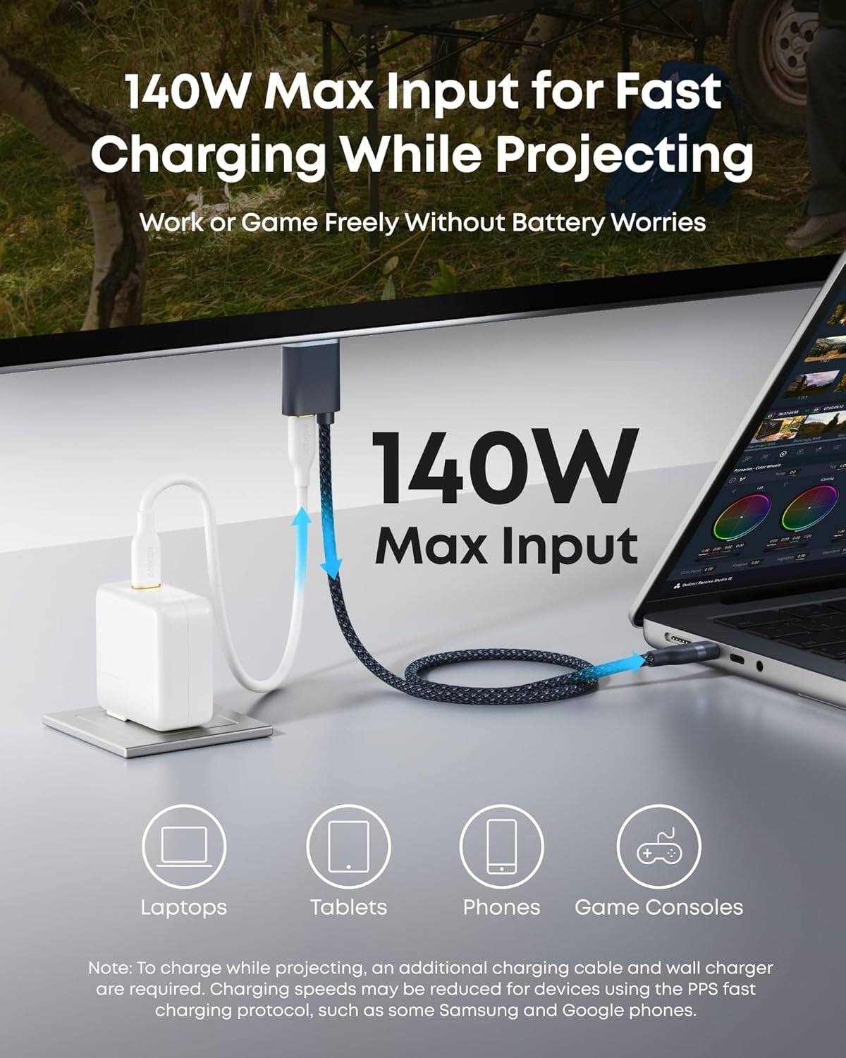 140W Max Input for Fast Charging While Projecting  
Work or Game Freely Without Battery Worries  

140W Max Input + Laptops Tablets Phones Game Consoles  

Note: To charge while projecting, an additional charging cable and wall charger are required. Charging speeds may be reduced for devices using the PPS fast charging protocol, such as some Samsung and Google phones.