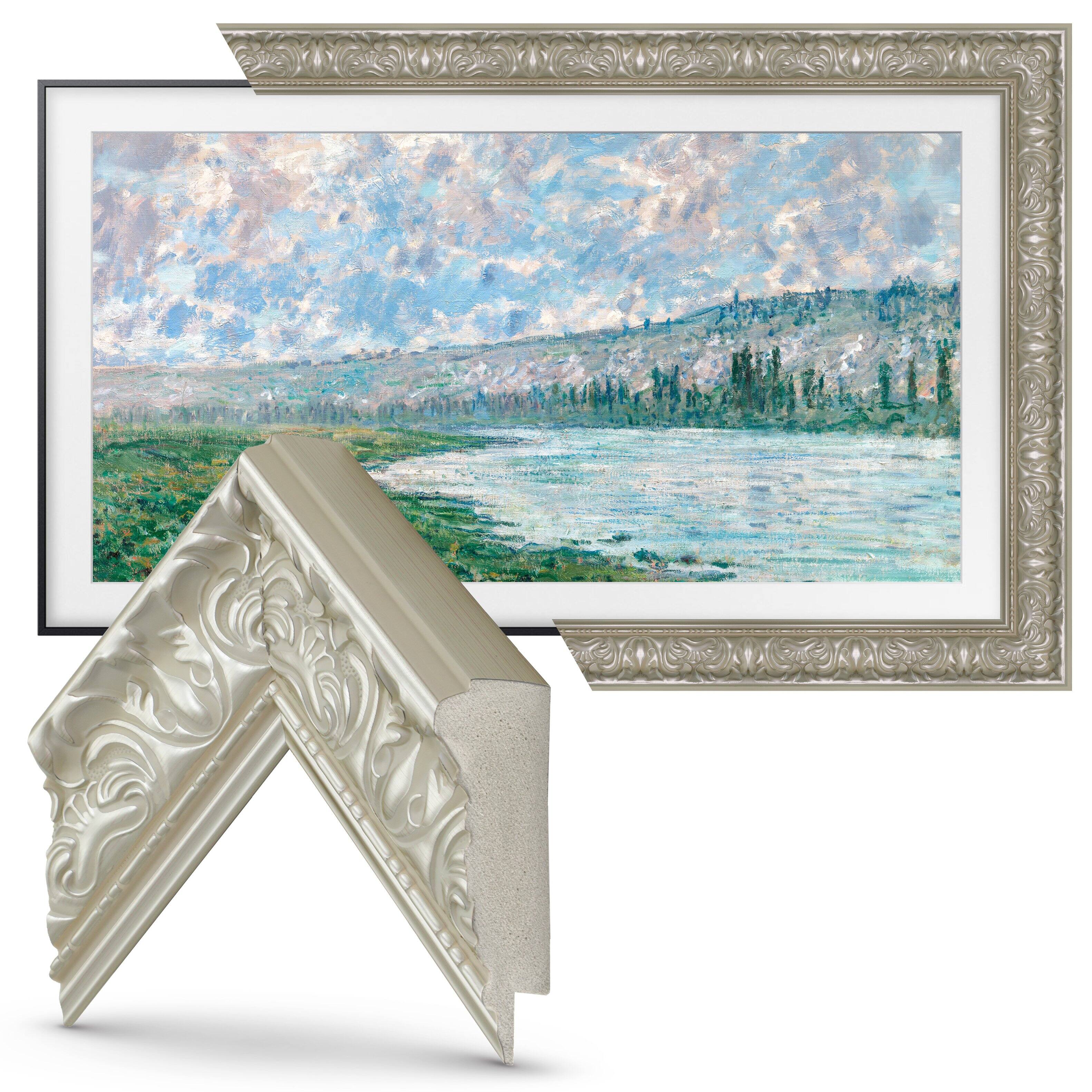 Left. Deco TV Frames - Premiere Bezel for Samsung the Frame TV - 85" - Tuscan Pearl.