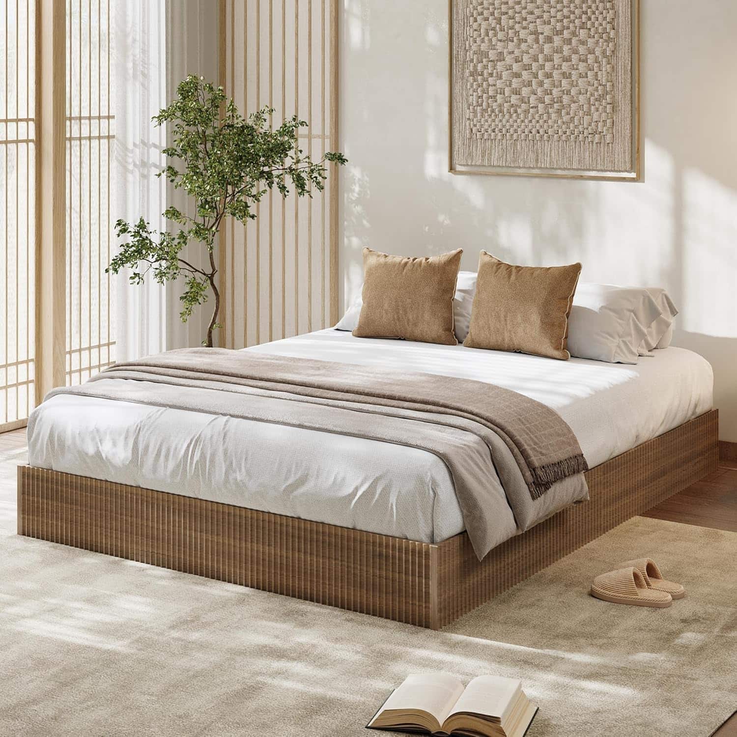 Homhougo - Full Bed Frame, Wood Platform Bed with Fluted Design, Low Profile BedFrame, Minimalist Bed Base with Noise-Free, Easy - Walnut