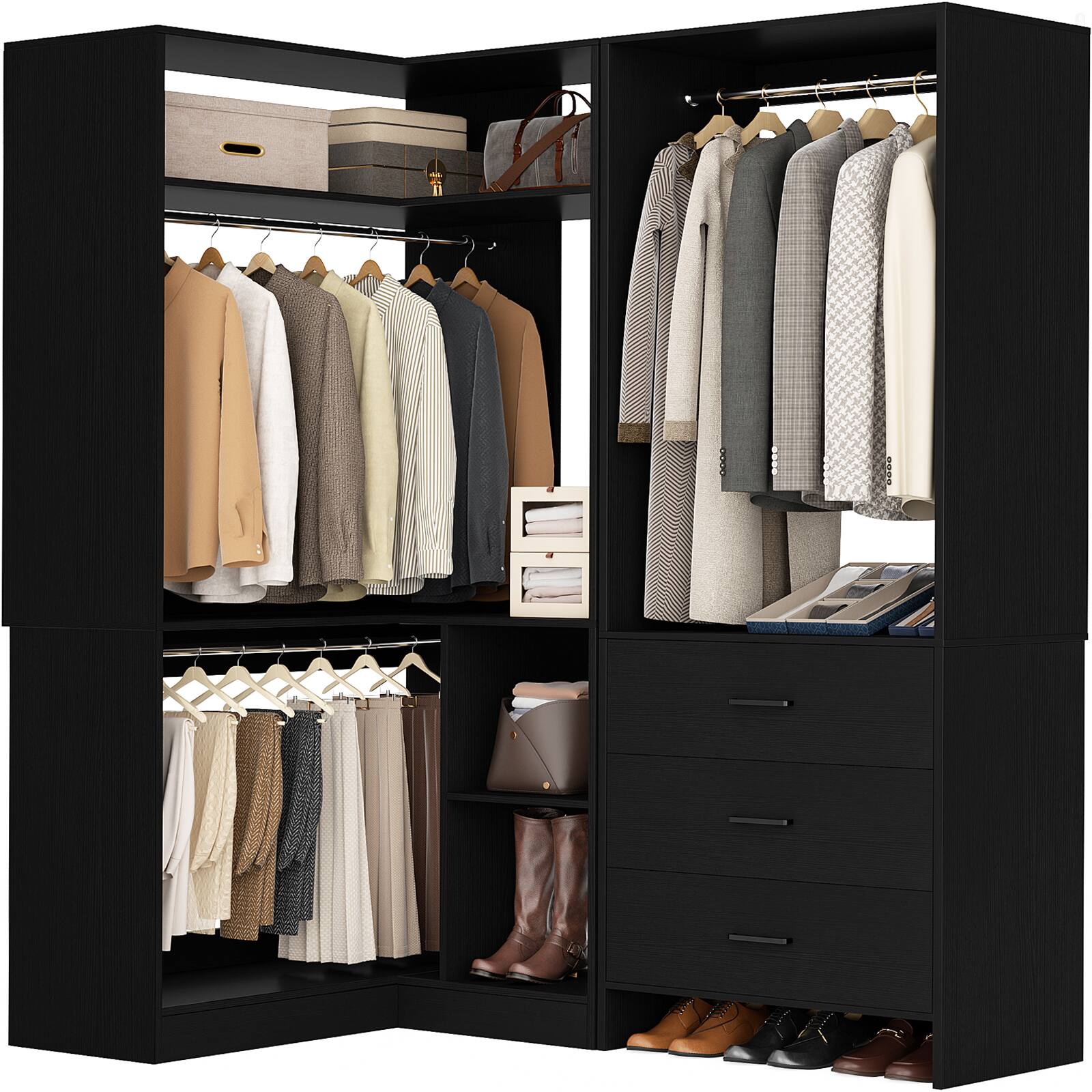 Angle. Aheaplus - Corner Wardrobe Closet System - With 3 Drawers, 2 Hanging Rods and Open Storage Shelves - Black.