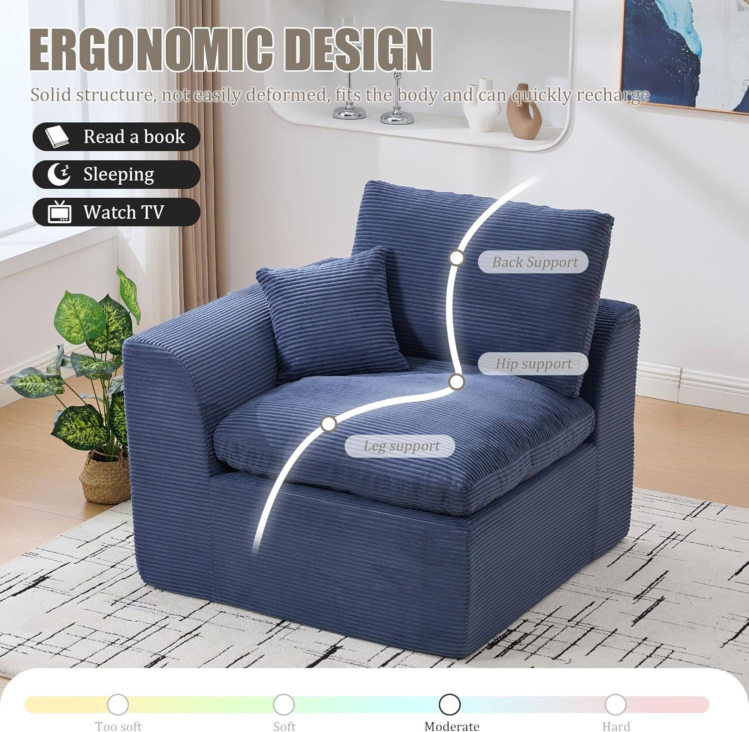 ERGONOMIC DESIGN

Solid structure, not easily deformed, fits the body and can quickly recharge

- Read a book
- Sleeping
- Watch TV

Back Support
Hip support
Leg support

Too soft
Soft
Moderate
Hard