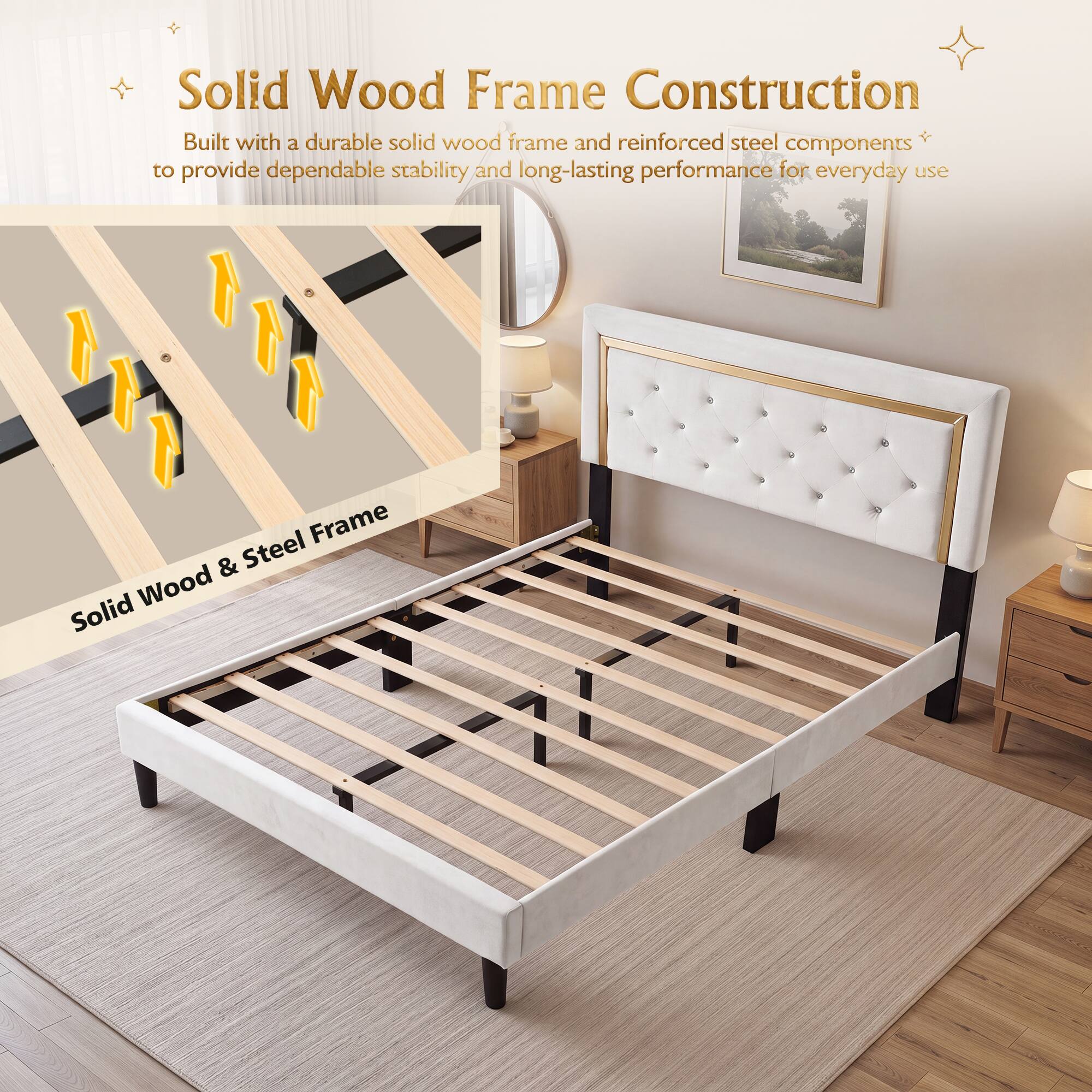 Solid Wood Frame Construction  
Built with a durable solid wood frame and reinforced steel components to provide dependable stability and long-lasting performance for everyday use  

Solid Wood & Steel Frame