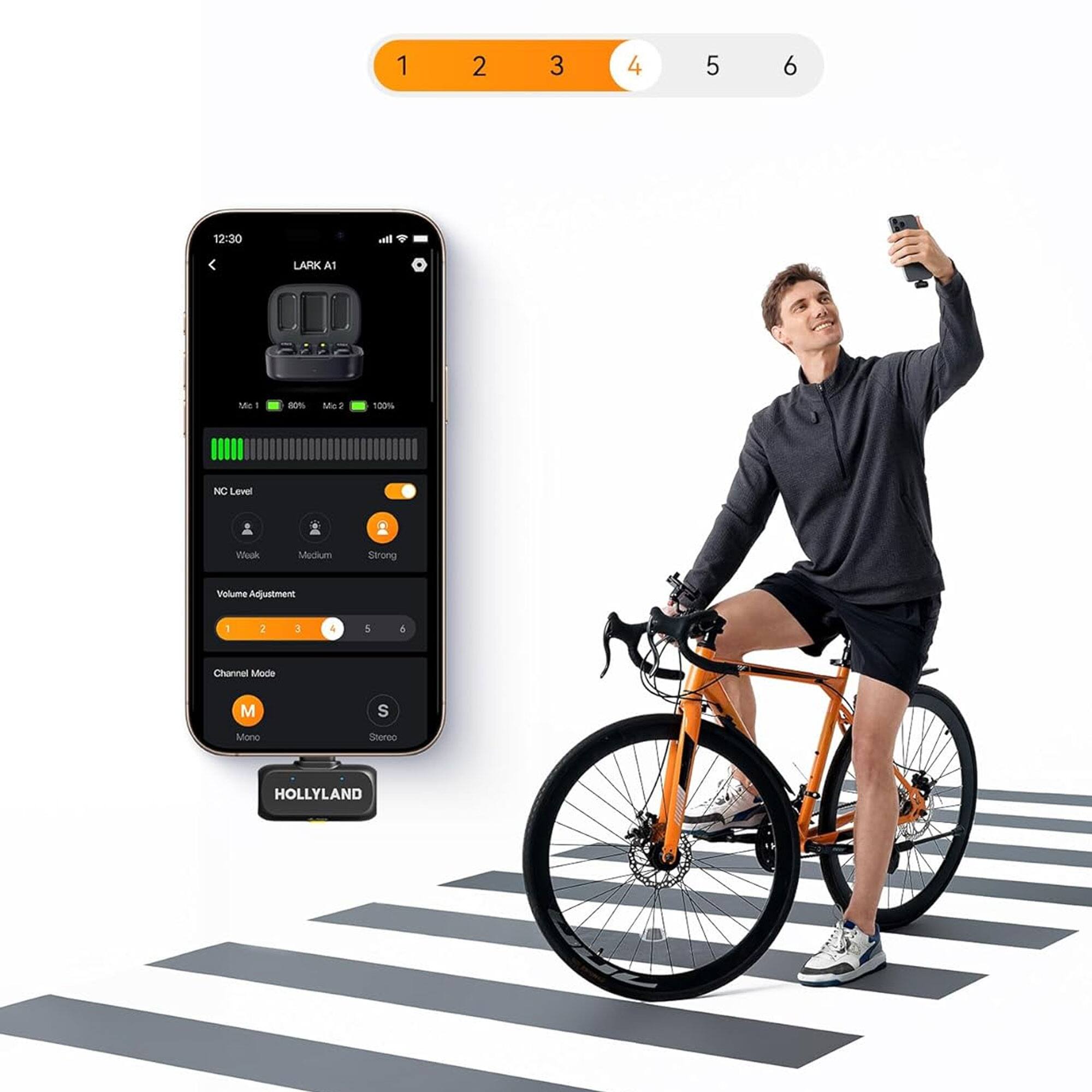 1 2 3 4 5 6

12:30

LARK A1

Mic 1: 40% Mic 2: 100%

NC Level

Volume Adjustment: 1 2 3 4 5 6

Channel Mode: M (Mono) S (Stereo)

HOLLYLAND