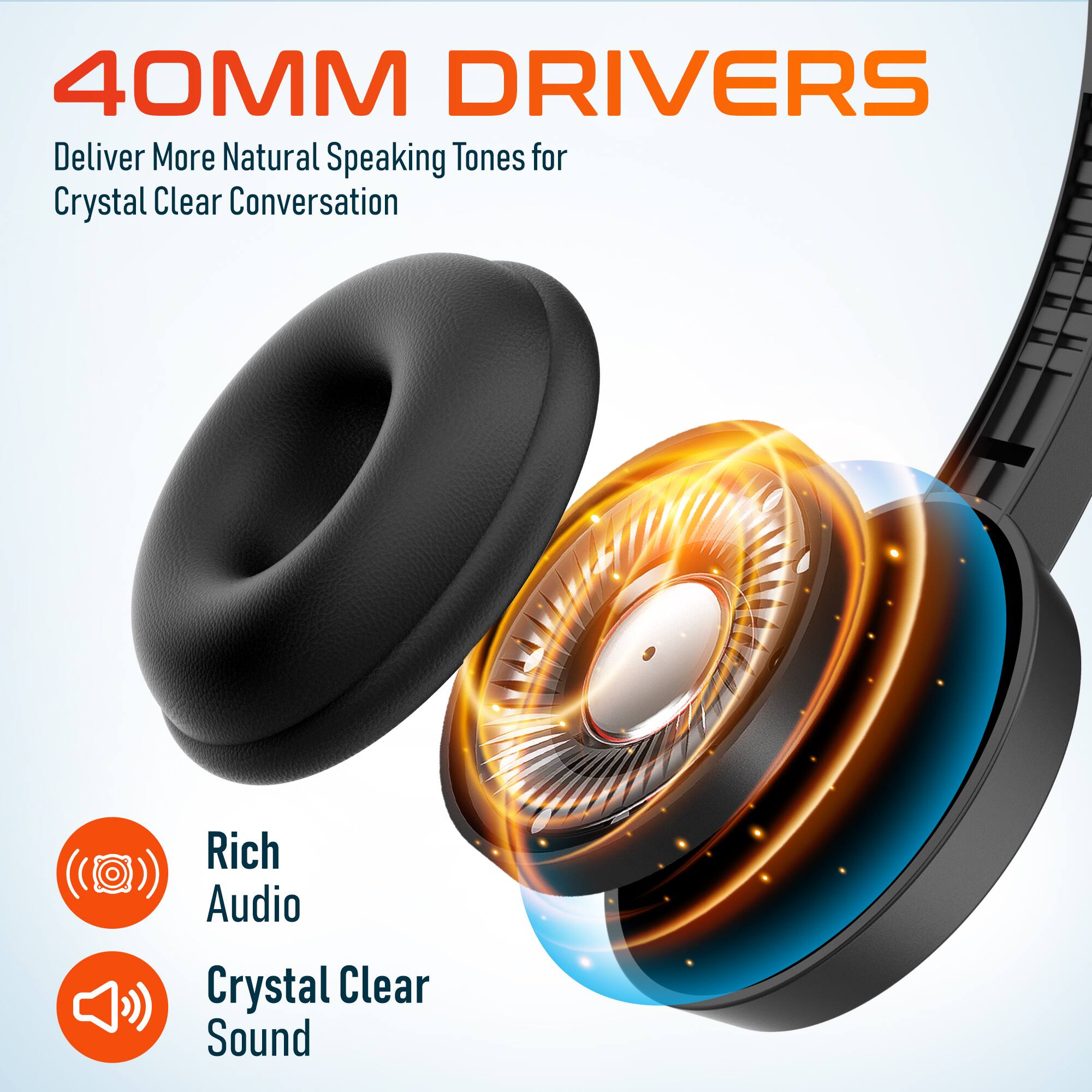 40MM DRIVERS, Deliver More Natural Speaking Tones for Crystal Clear Conversation, Rich Audio, Crystal Clear Sound