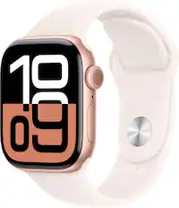 Angle. Apple - Apple Watch Series 10 (GPS+Cellular) 42mm Aluminum Case with Light Blush Sport Band - S/M - Rose Gold.