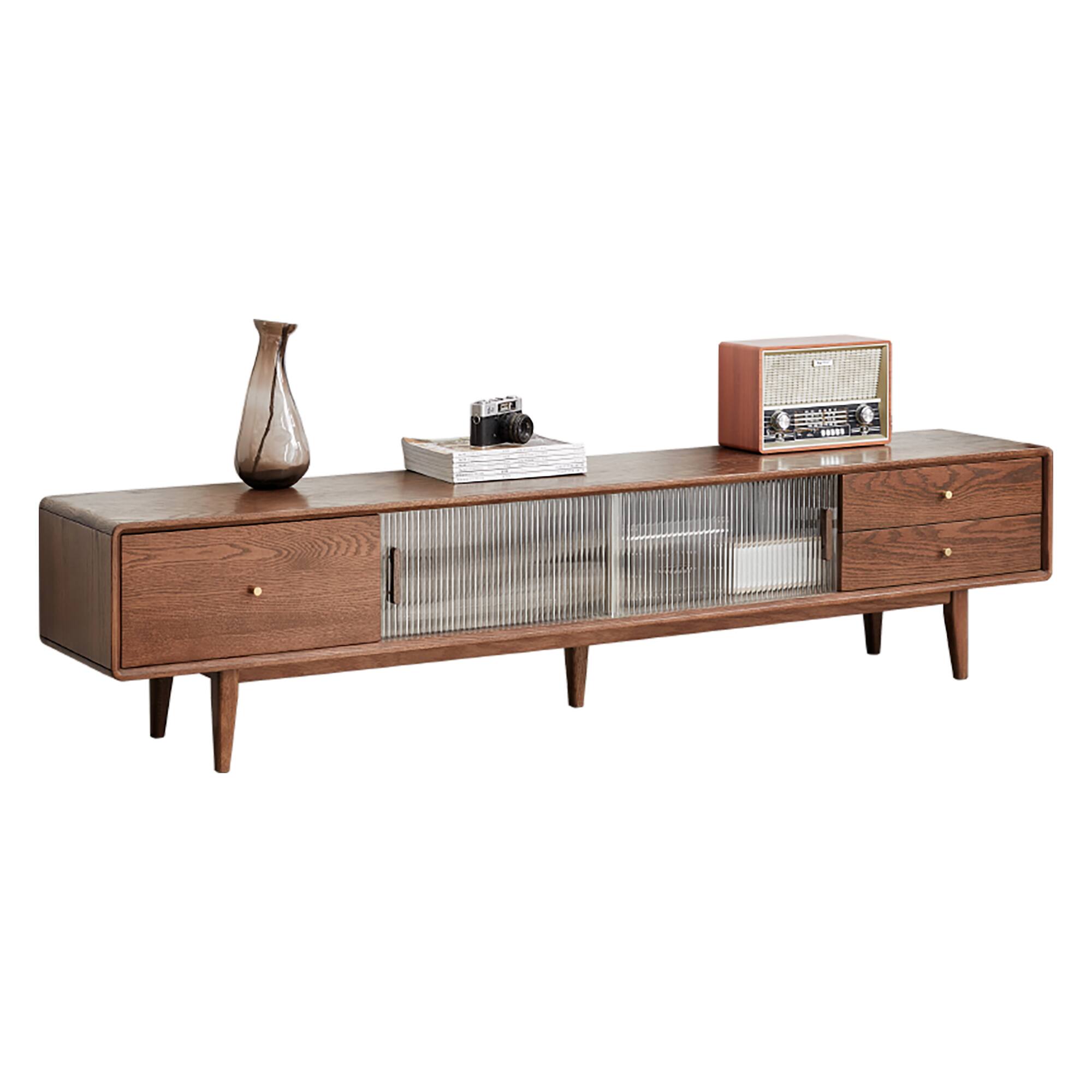 Spaco - Solid Oak TV Cabinet, Color with Glass Doors and 2 Drawers, for Living Room - Walnut