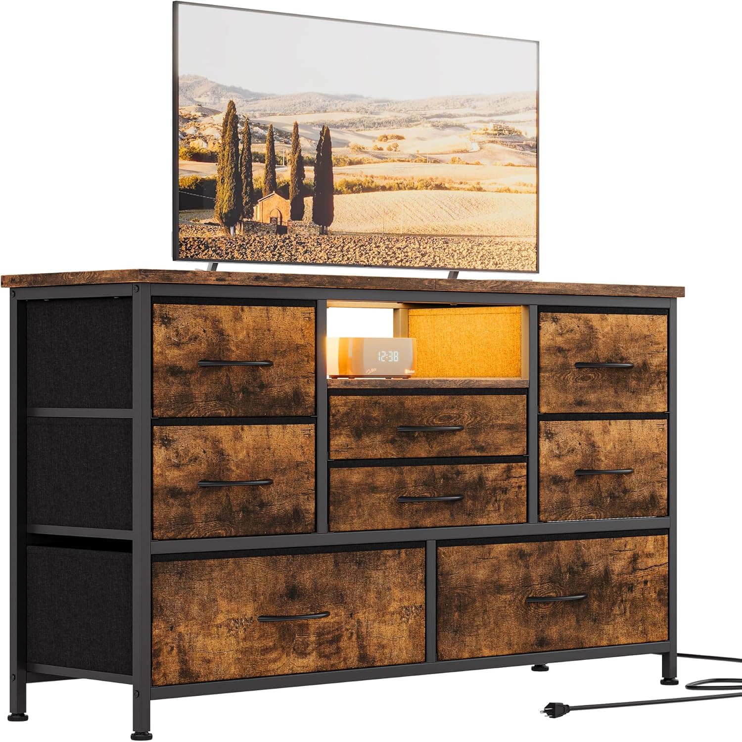 GARVEE - 8 Drawer TV Stand, Power Outlet, LED, 47" Media Console, Storage Chest, Bedroom, Living Room, Farmhouse - Brown