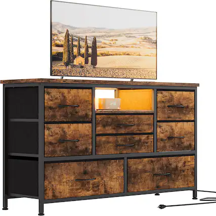 Front. Maxxis Merch - 8 Drawer TV Cabinet with Socket, Dresser TV Stand for 50 Inch TV, TV Console Table with Storage, Adjustable Feet - Brown.