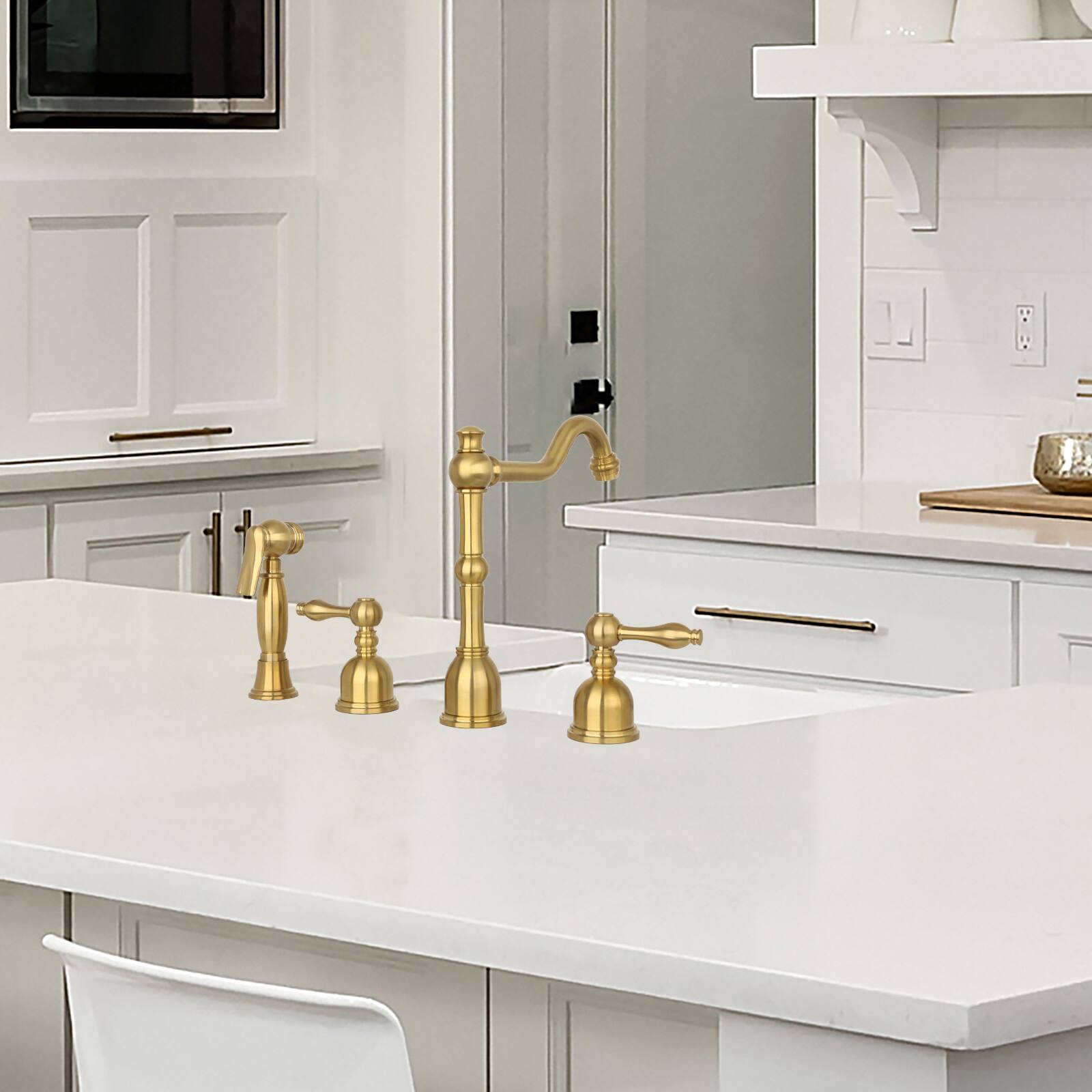 Alt View 4. Akicon - Akicon Solid Brass Two-Handles 360° Swivel Widespread Kitchen Faucet with Side Sprayer in Brushed Gold - Brushed Gold.