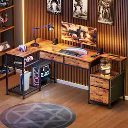 Furnulem - L Shaped Computer Desk with Built in Power Station 4 Fabric Drawers Gaming Desk with Adjustable Mesh Side Stand - Brown