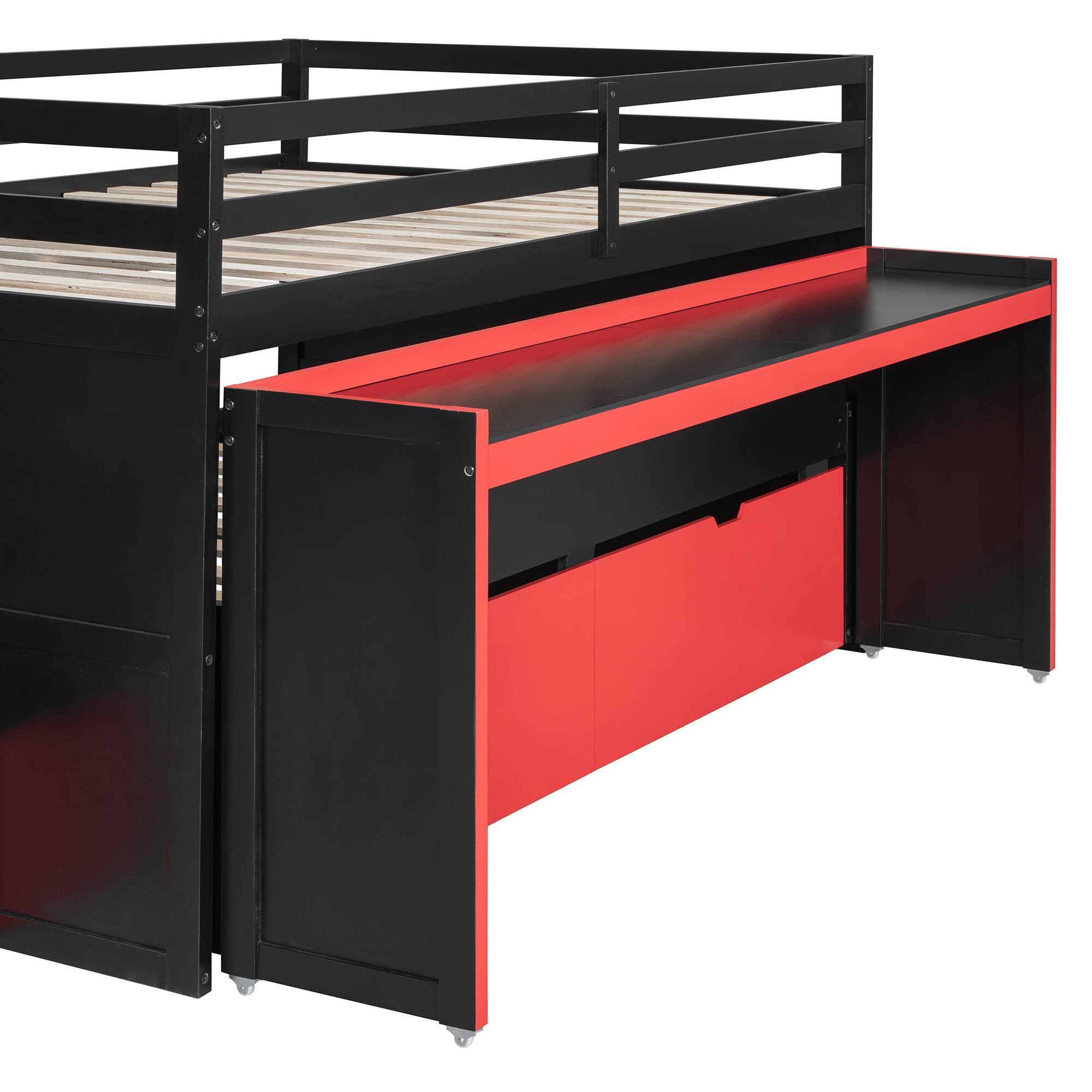 Alt View 4. Whisen - Gaming Loft Bed with Pull-Out Desk,Trundle and Storage Stairs,Multi-Functional Workstation Bed Frame - Black+Red.