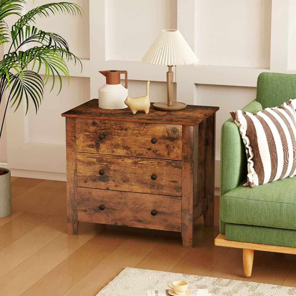 Left. Kadyn - 3 Drawer Dresser Chest of Drawers Bedside Table-Rustic Brown - Brown.