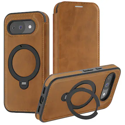 Front. Dteck - For Google Pixel 10a Shockproof Leather RFID Blocking Card Slots Full Protection Mag Safe Case RIng Kickstand - Brown.