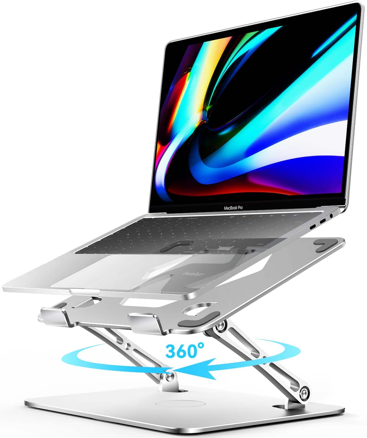 HongFei - Adjustable Laptop Stand with 360° Rotating Base, Ergonomic, Foldable & Portable, for MacBook Laptops up to 16 inches - Silver