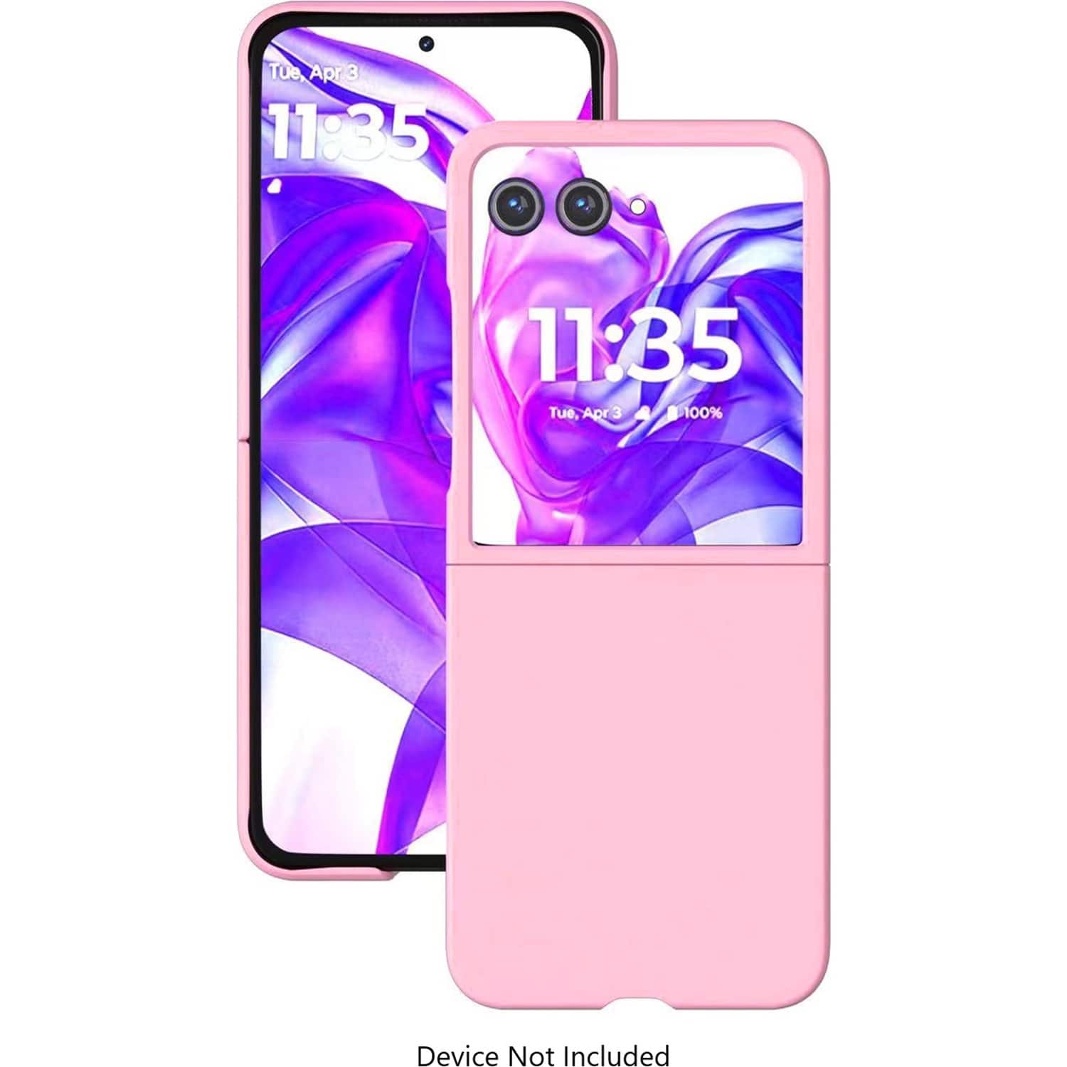 The image features a pink case for a cell phone, which is placed next to the phone. The phone has a purple background and a pink case. The time displayed on the phone is 11:35. The image is advertising the pink case, which is 100% device not included.