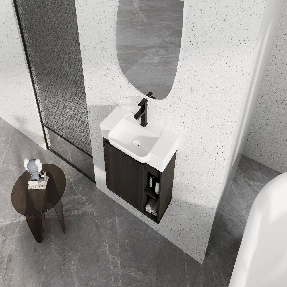 Alt View 1. Loheer - Loheer 24 inch wall mounted bathroom vanity dark oak floating vanity with white ceramic sink - Dark Oak.
