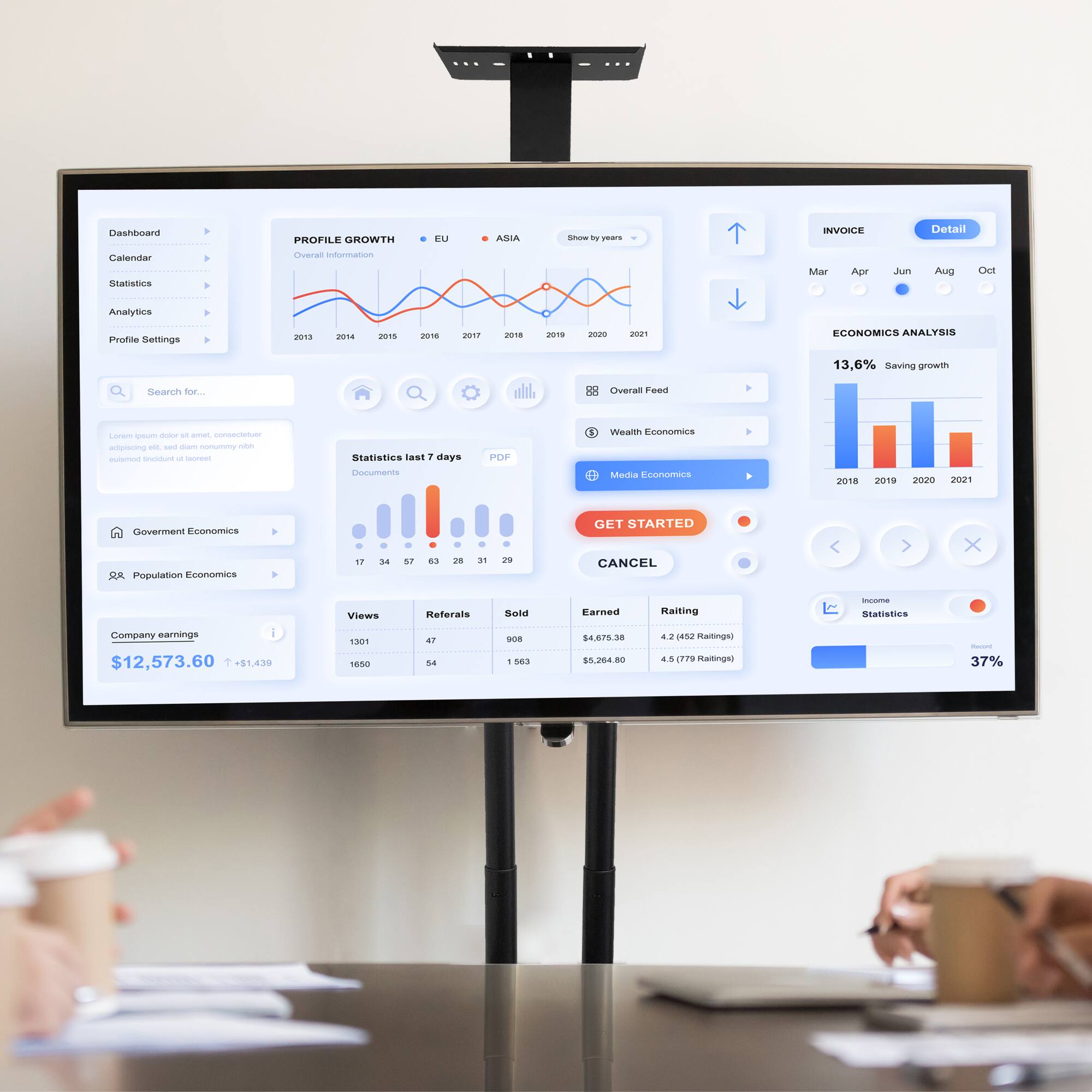 PROFILE GROWTH  
Overall Information  
EU | ASIA  
2013 - 2015 | 2016 | 2017 | 2018 | 2019 | 2020 | 2021  

ECONOMICS ANALYSIS  
13.6% Saving growth  
2018 | 2019 | 2020 | 2021  

Statistics last 7 days  
Documents  

Company earnings  
$12,573.60  
+$1,439  

Views | Referrals | Sold  
1301 | 47 | 908  
1650 | 54 | 1563  

Earned  
$4,675.38  
$5,264.80  

Rating  
4.2 (652 Ratings)  
4.5 (797 Ratings)  

37%