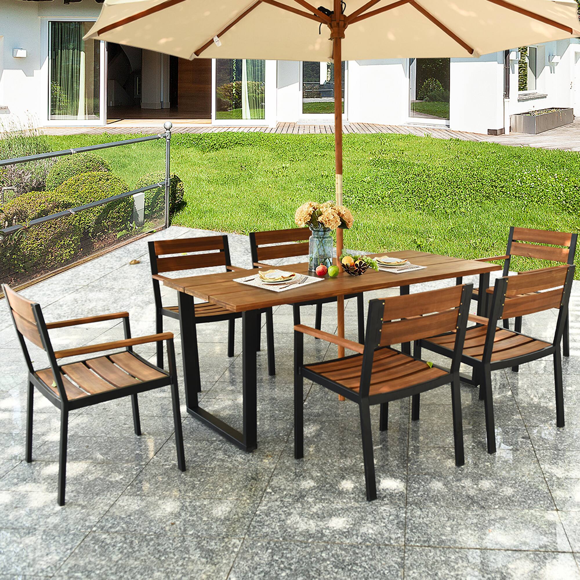 Alt View 4. Gymax - Gymax Patented 7PCS Patio Dining Set Outdoor Furniture Set w/ 6 Armchairs Umbrella Hole - as pic.