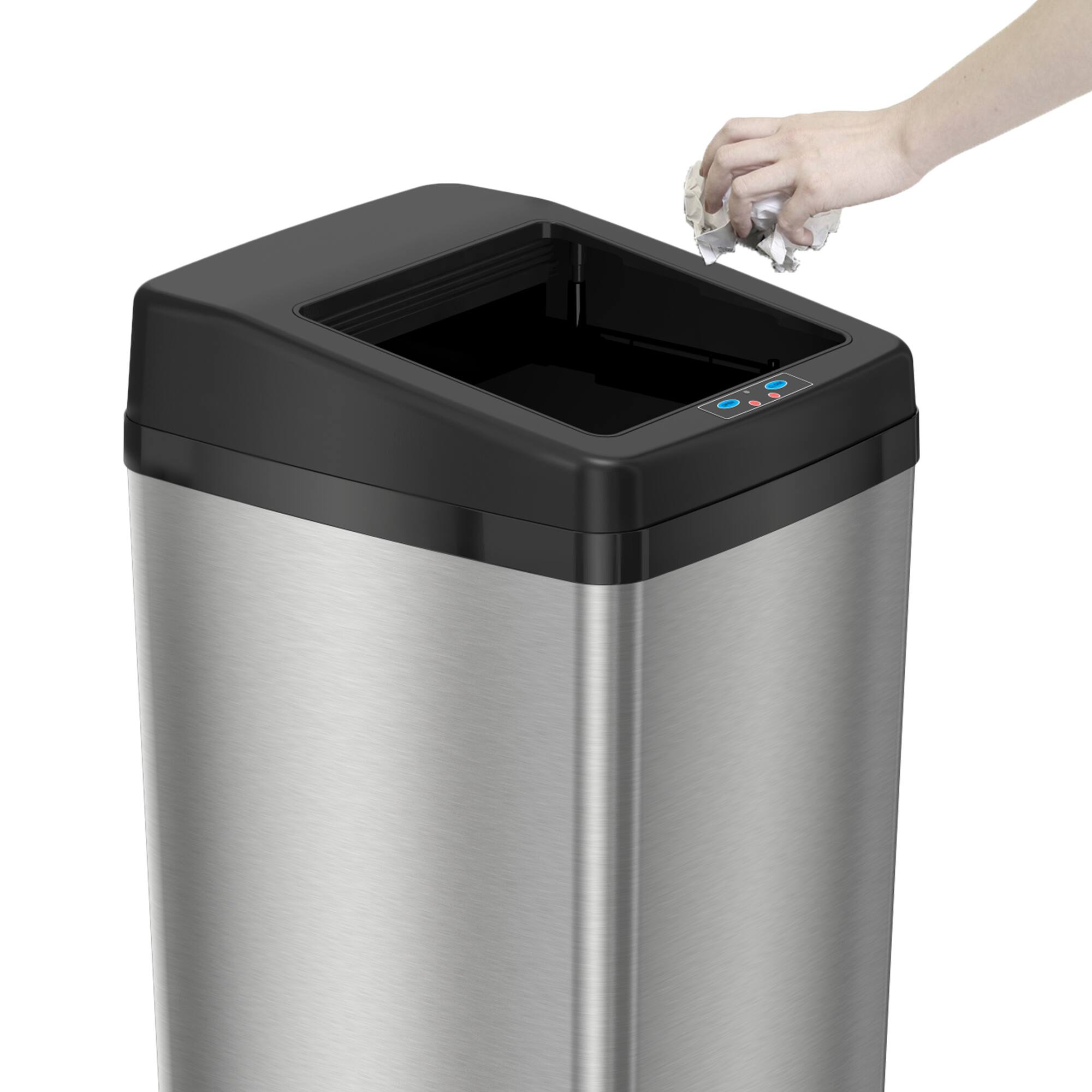 Left. iTouchless - 14 Gallon Sliding Lid Sensor Trash Can with AbsorbX Odor Control System, Automatic Kitchen Bin - Stainless Steel.