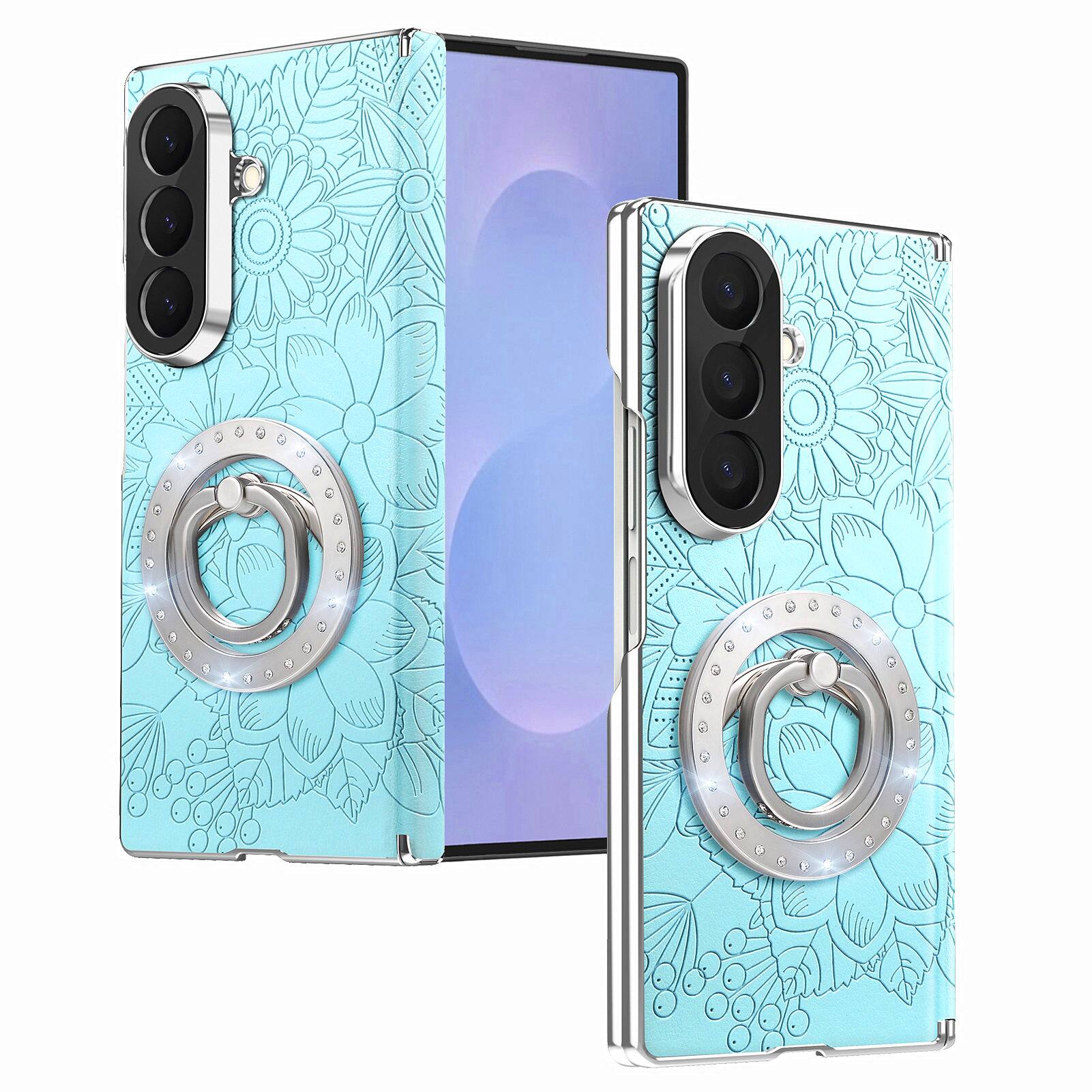 Angle. Dteck - Shockproof Leather Texture Case for Samsung Galaxy Z Fold8 Ultra with Ring Stand, Magnetic Rigid Plastic Hinge Cover - Blue.