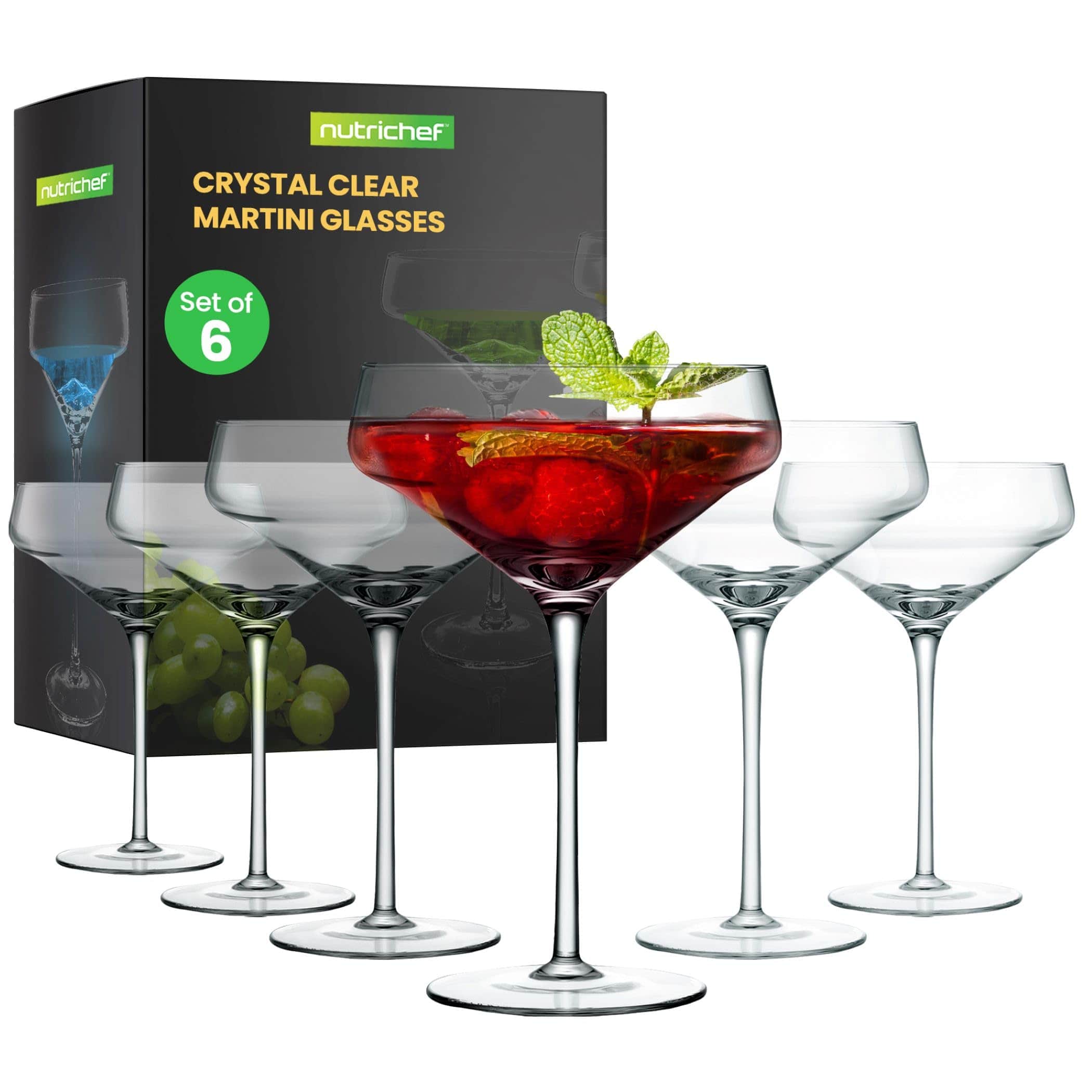 NutriChef - 6 Sets of Crystal Martini Glasses, 100% Hand Blown, Elegant & Reusable Packaging (NCGLMT68) - Clear